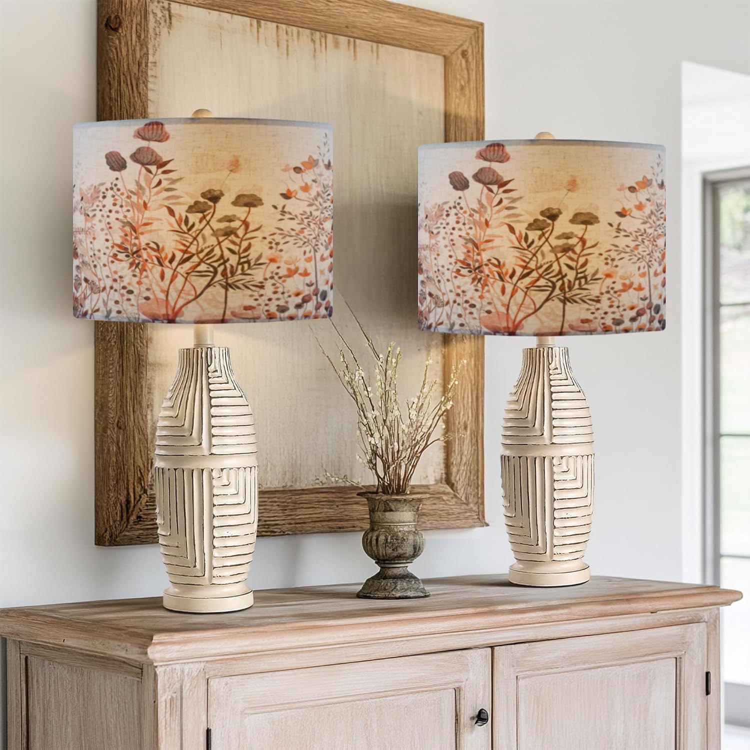 large lamp shades set of 2 .Flax Plant Pattern Drum floor lamp shade replacement，table lamp shade,flower lamp shade.Spider Fitter13 "Top x 13" Bottom x 10 "High,Need To Assemble