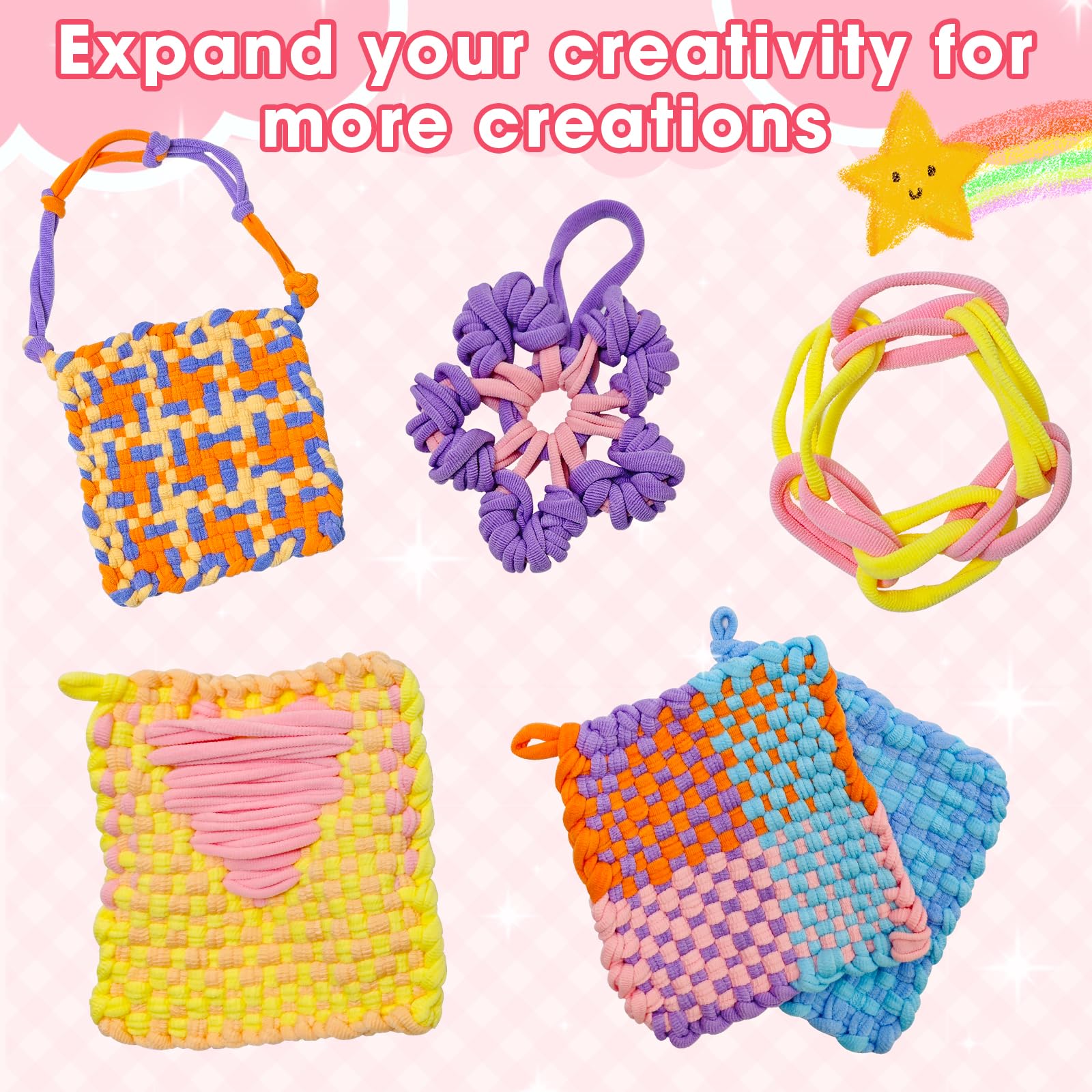 ZJEFUNS Kit di telaio per tessitura, giocattoli per bambini e adulti, fai da te, arti e mestieri per ragazze di età 5 6 7 8 9 10 12, kit per maglieria con telaio per pentole, include 8 anelli colorati