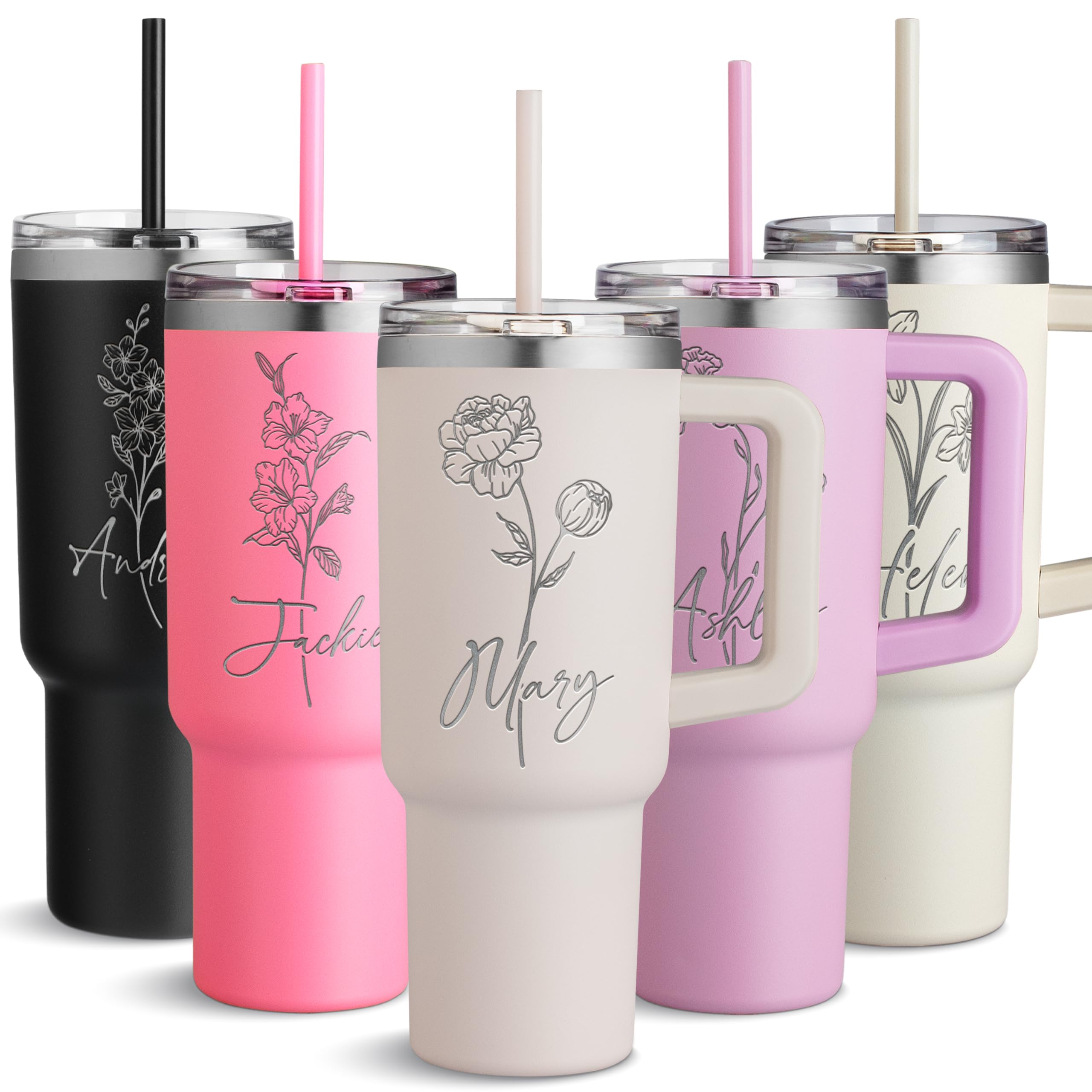 Engraved 40 Oz Tumbler with Handle and Straw - Personalized Name and Birth Flower, Double-Wall Insulated Mug - Birthday Gifts for Women, Rose Quartz