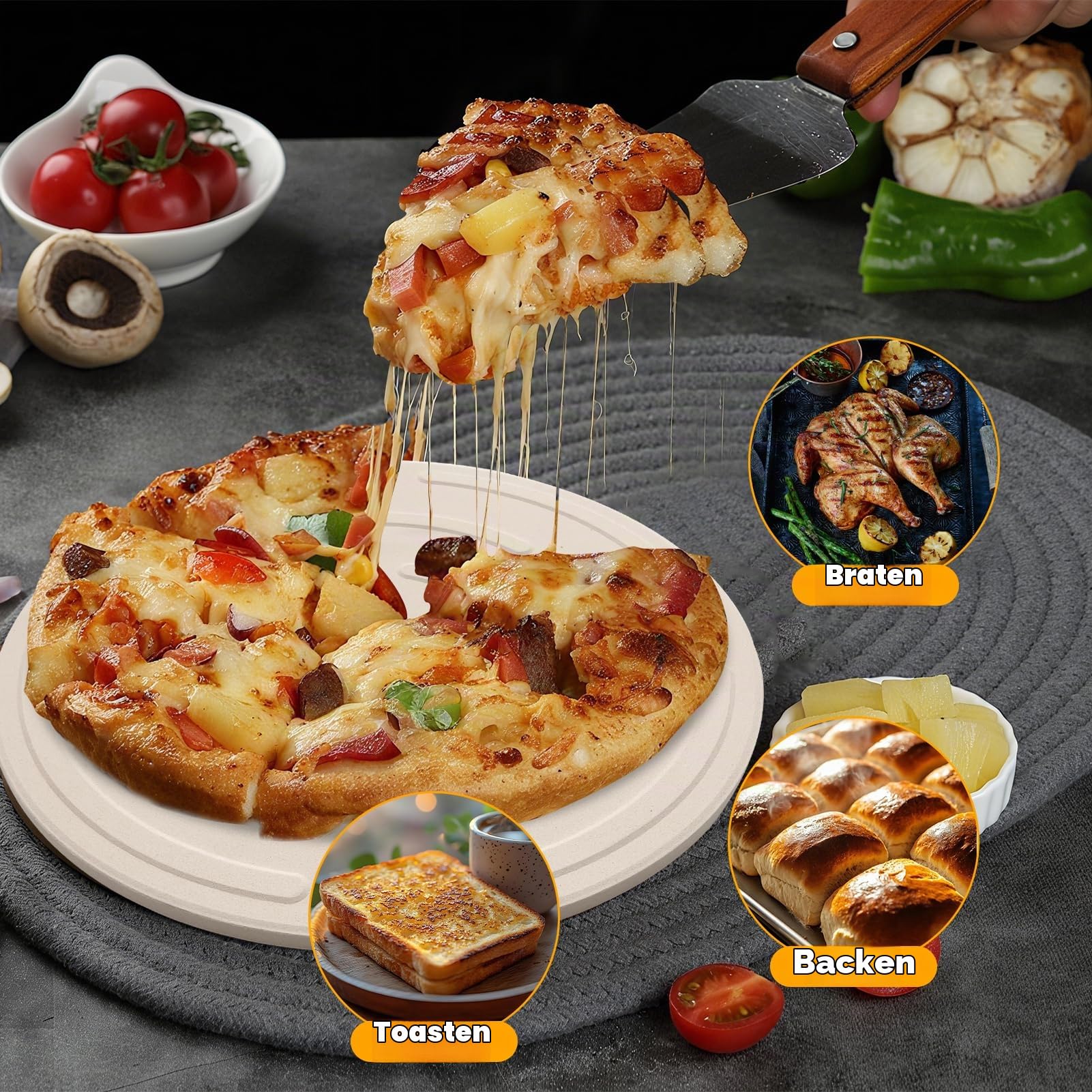 30x30cm Pizzastein für Backofen & Gasgrill Pizzaschieber ausgezeichnet Backofenstein Pizza Stein Für knusprigen Boden & saftigen Belag