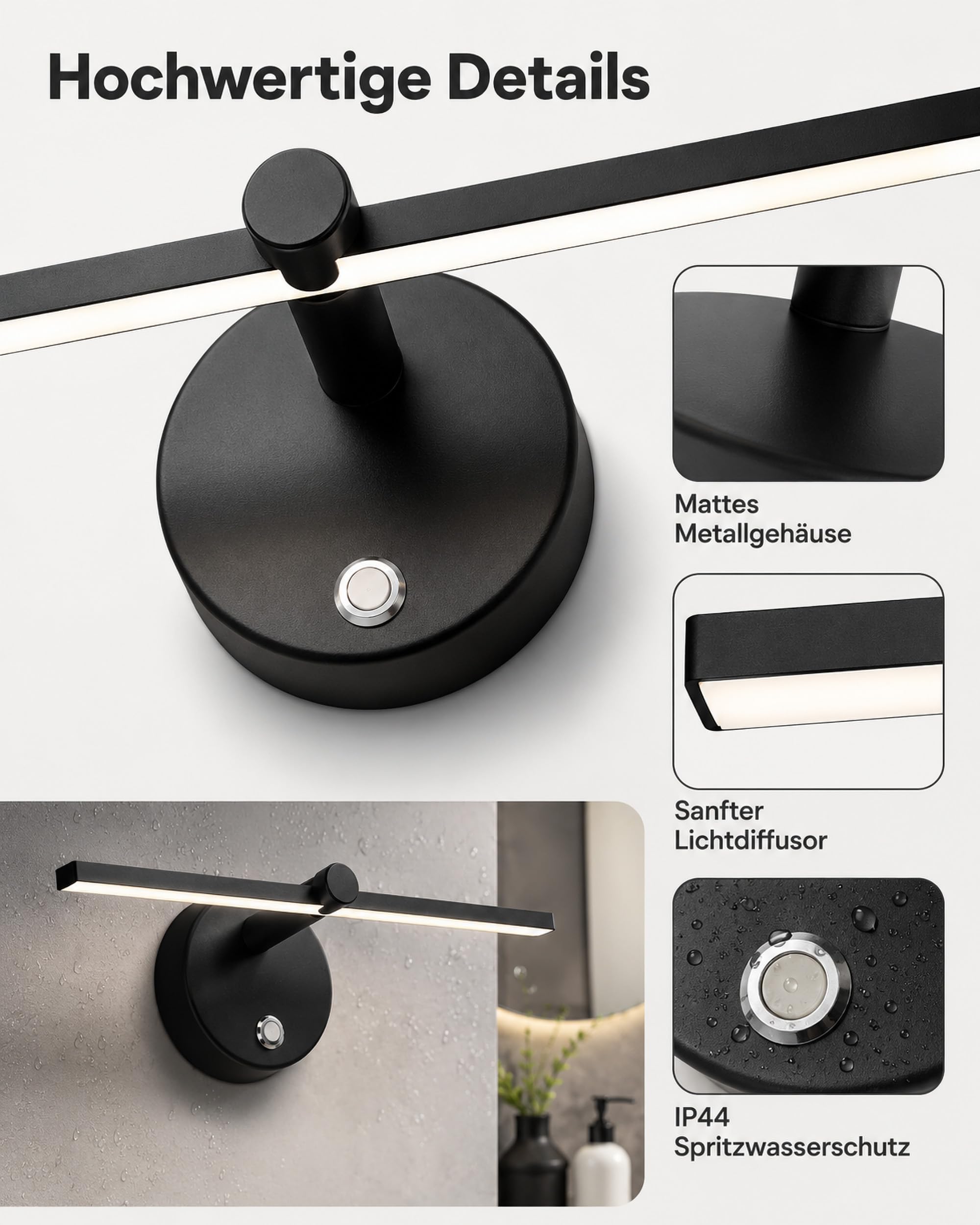 LANMOU Spiegelleuchte Bad mit Schalter, 41cm LED Spiegellampe Badezimmer Schwarz IP44, Touch Dimmbar, 5W 4000K Bilderlampe, 300° Drehbar Badlampe Spiegel