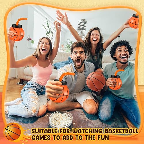 Miniatura 7 de Nuanchu Juego de 24 tazas de baloncesto de 14 onzas con pajitas y tapas, vasos de bolas de plástico reutilizables, vasos de baloncesto para fiestas,