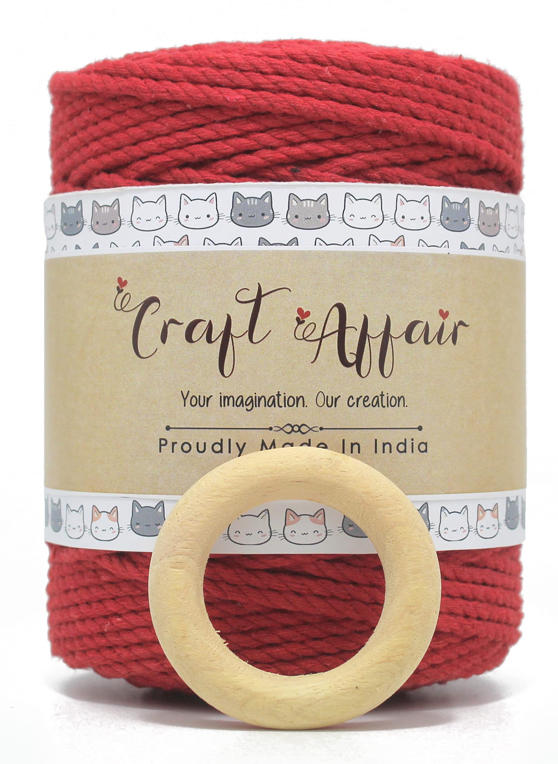 Craft Affair | 3ply Twisted Cotton Thread/Rope (200 Meter, 3mm) | Get Free Wooden Ring (5cm) | Cotton Thread for Wall Hangers and Other Projcts - Red