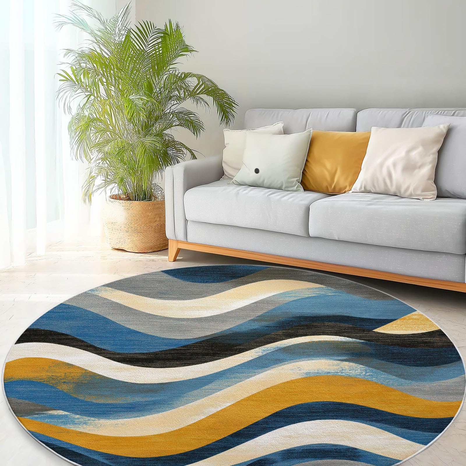 Tapis Rond Imprimé Abstrait Dessiné À La Main Vagues Géométrique Salon, Lavable Doux Gris-Bleu Tapis de Sol Décoration Antidérapant pour Chambre Salon Cuisine Balcon Bureau 100 cm