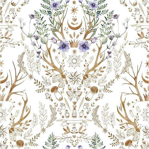 HAOKHOME Gothic Wallpaper Peel and Stick Retro Floral Damask Bronze/White/Purple Witchy Wall Decor Bathroom Removable Mural 17.7in x 9.8ft