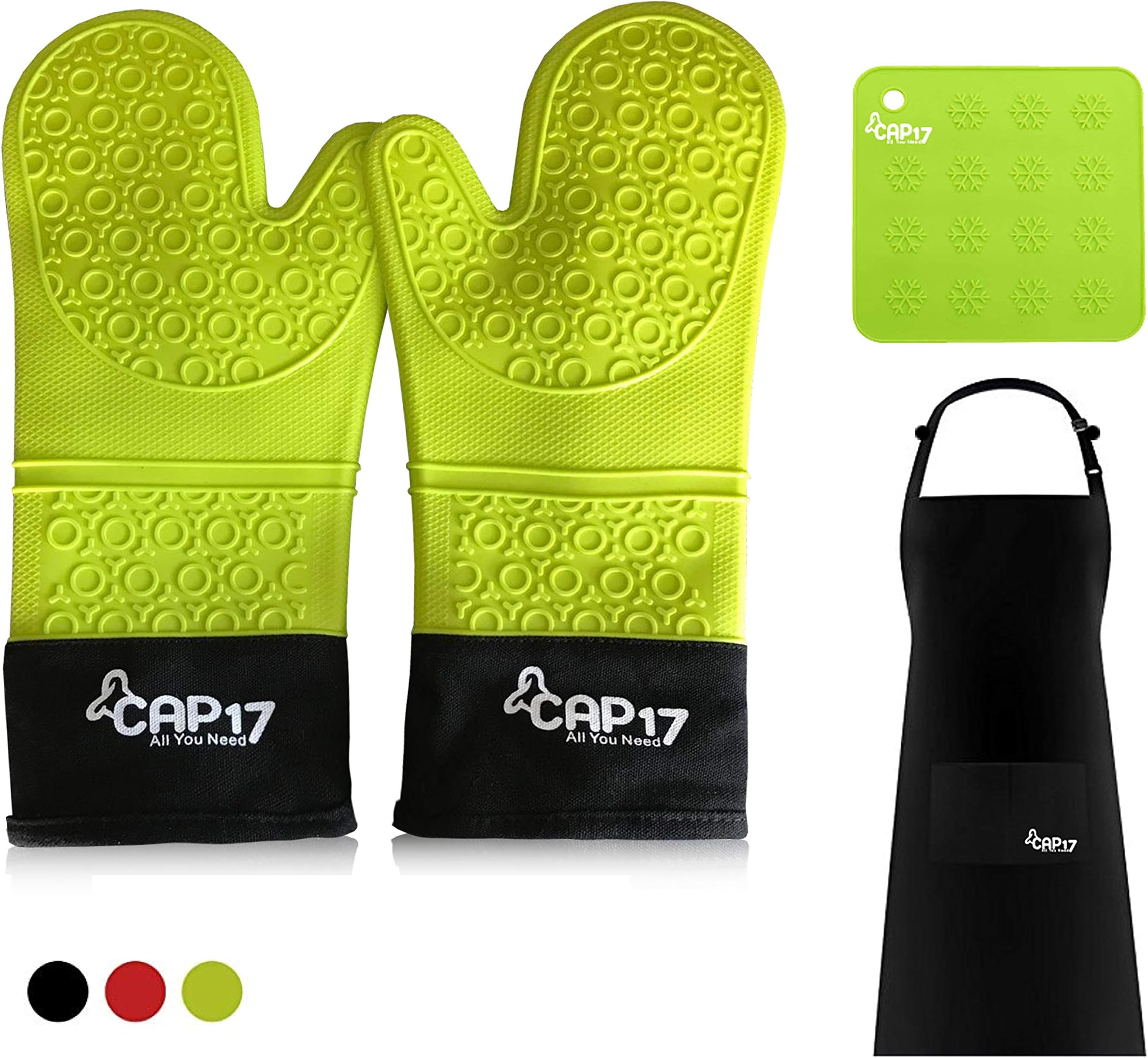 CAP17 Heat Resistant Silicone Oven Gloves, Kitchen Gloves Non-Slip Cotton Lining, Double Oven Mittens Waterproof BBQ with Apron and Pot Holder