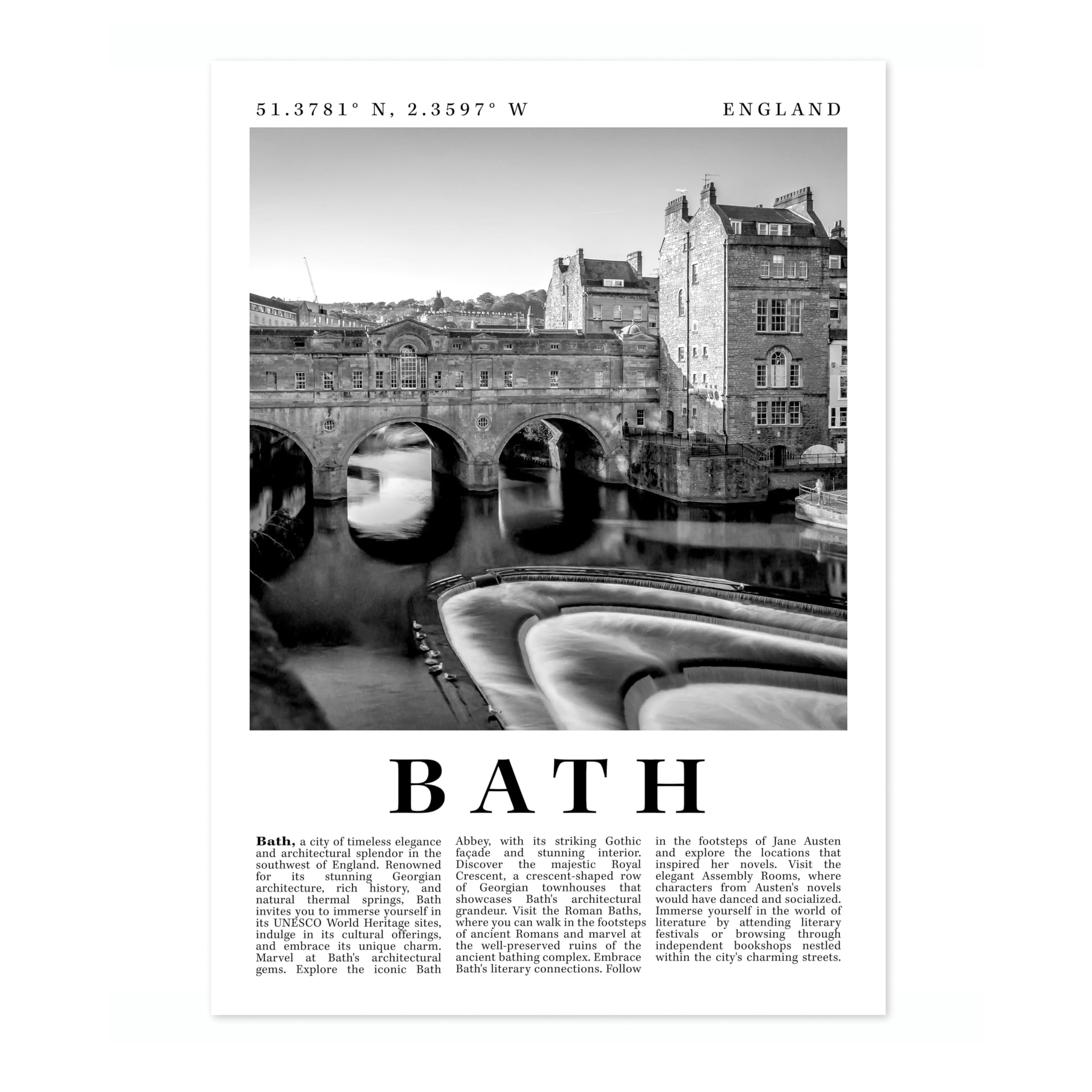 Bath - England England Travel Poster, Black And White Photographic City Destination Print, Britain Picture, Living Room Decor, Archival Matte, A1 (Print Only) - 84.1x59.4cm