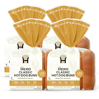 Hero Classic Hot Dog Bun - Delicious Rolls & Net Low Carb Hot Dog Buns | High Fiber, 1g Net Carbs, 0g Sugar & 90 Calories Per Serving | 32 Buns, Pack of 4