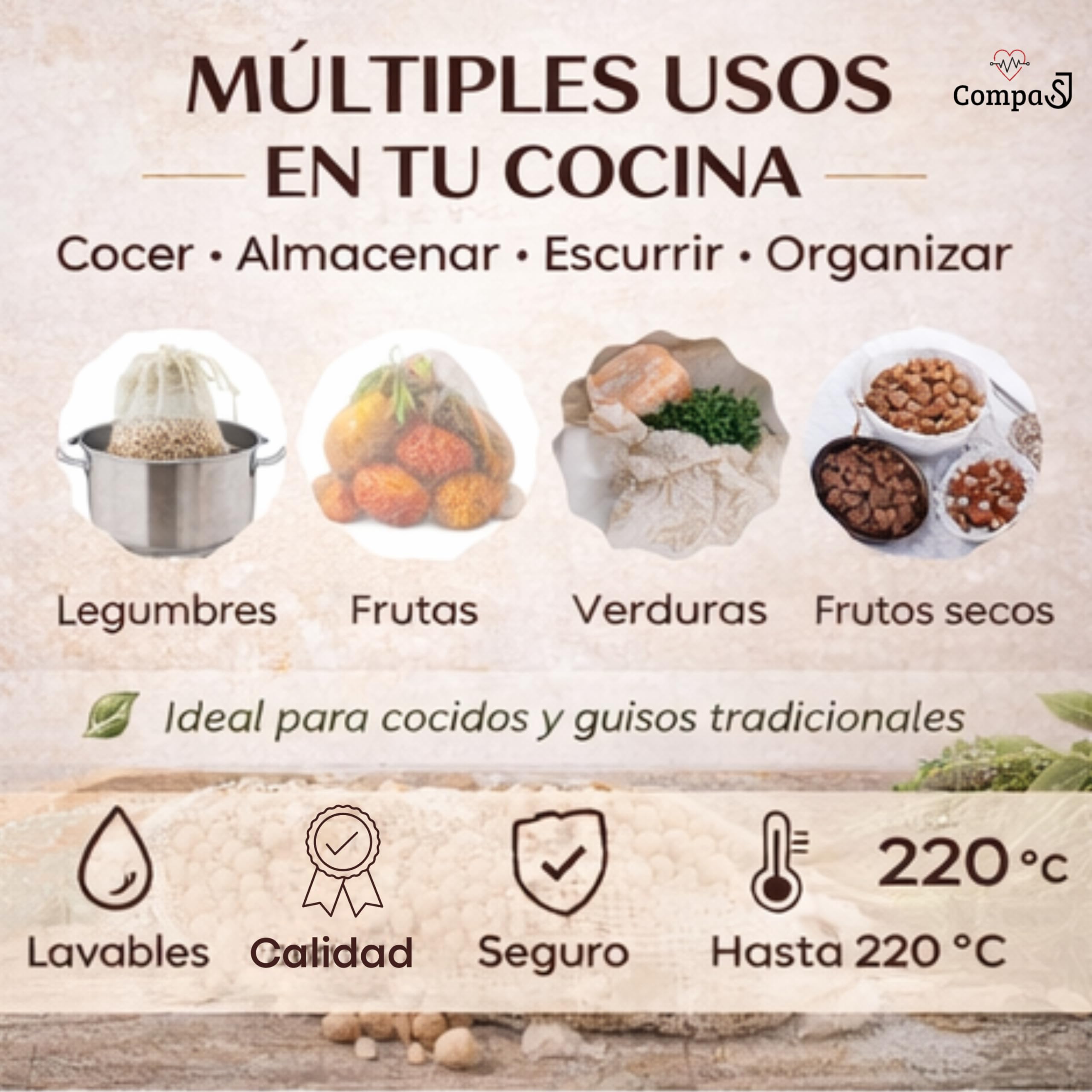 Set de 3 Mallas para Cocer Garbanzos y Legumbres - Bolsa para Cocinar Carne - Red de Cocción
