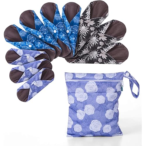 Teamoy 10pcs Cloth Panty Liners, Reusable Sanitary Pads with Wet Bag, Washable Cloth Menstrual Pads with Charcoal Absorbency Layers (Plant Styles, 3pcsx7.9"Purple+4pcsx10"Blue+3pcsx11.6"Brown)