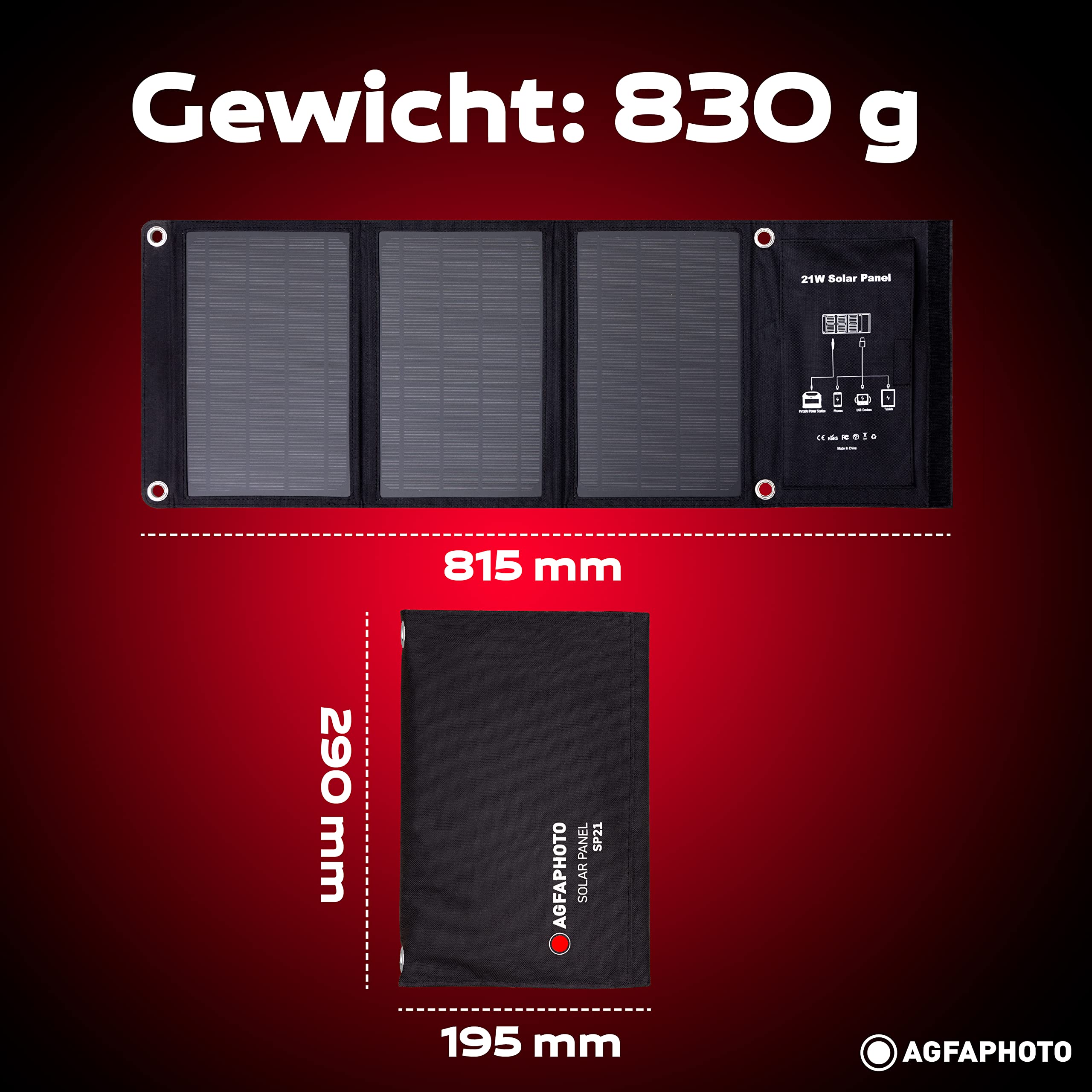 AGFAPHOTO Panel słoneczny SP21 | zewnętrzna ładowarka solarna | składana do aktywności na świeżym powietrzu | zasilanie do różnych urządzeń elektronicznych | ładowarka do urządzeń mobilnych
