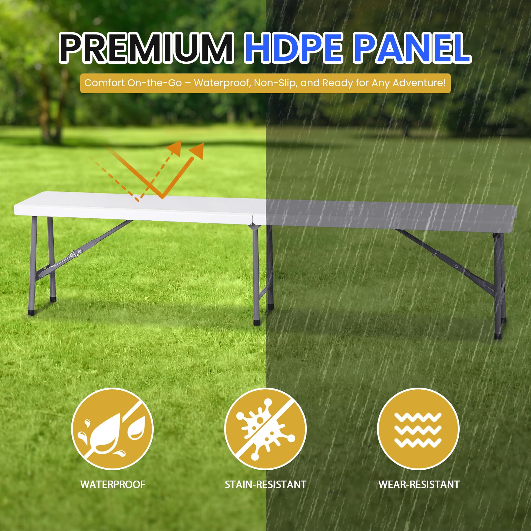 Banc pliable en plastique de 1,8 m – Siège d'extérieur portable pour pique-niques, camping, salle à manger, fêtes et jardins – Table polyvalente polyvalente pour le football et le divertissement