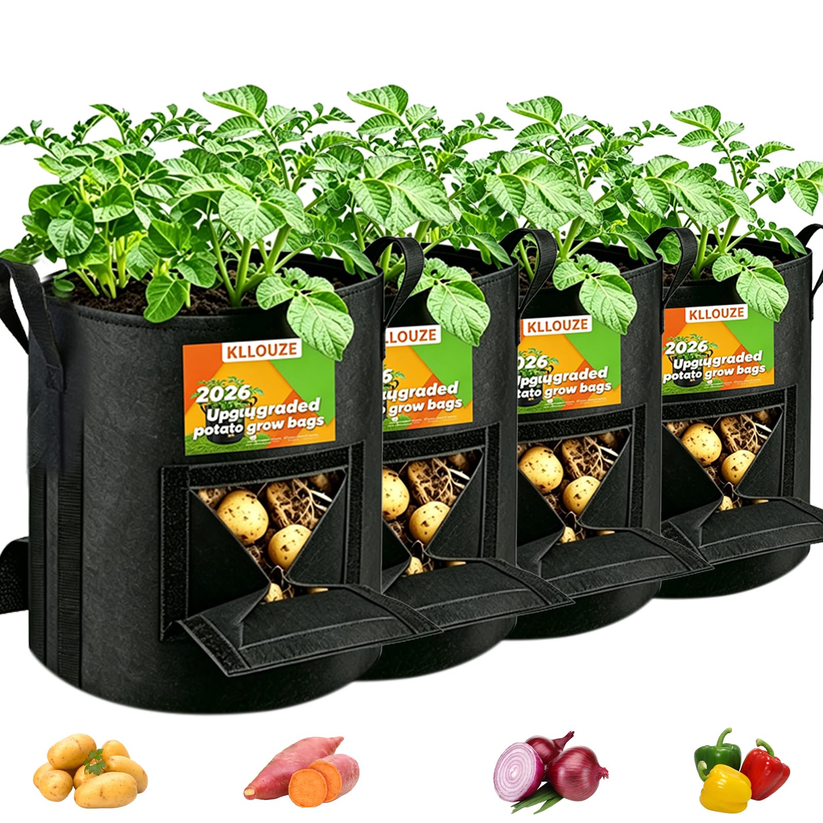 Kllouze Black Potato Grow Bags 15 Gallon With Harvest & Visible Window Thickened Garden Bags To Grow Vegetables With Handles (4, 15 Gallon)