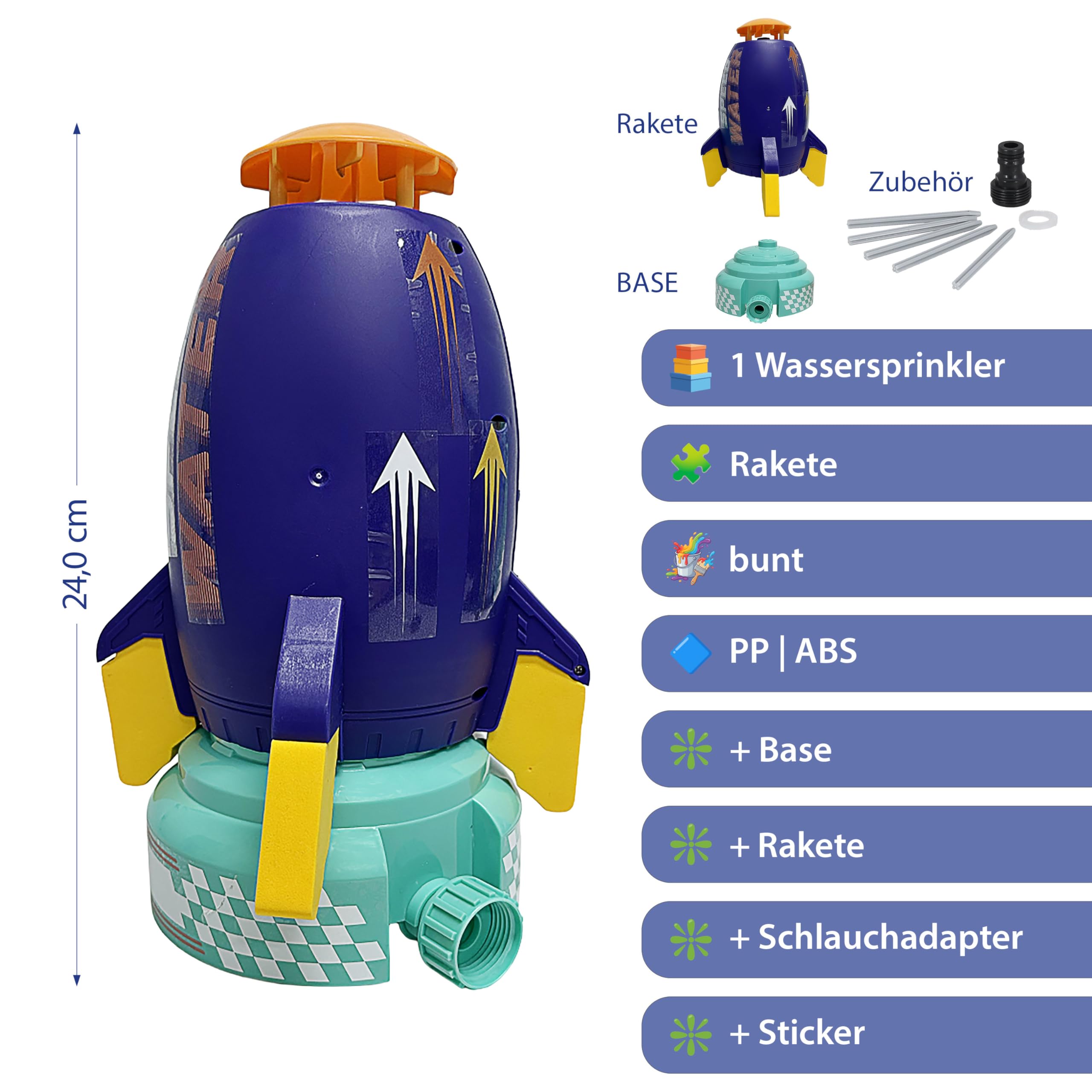 Wassersprinkler Rakete | Kunststoff 24cm Mehrfarbig | Base Schlauadapter Sticker | Kinderspielzeug Wasserfontäne Sommer | Spielgerät für den Garten