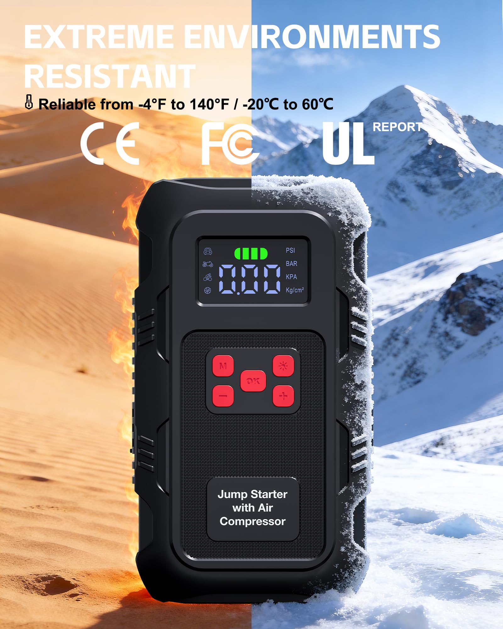 Povasee Arrancador de Baterias de Coche con Compresor de Aire de 150PSI, 9000A Arrancador Coche con Apagado Automático Inflador de Neumáticos, Booster 12V (10L Gas/8L Diésel), LED y Salida USB (Rojo)