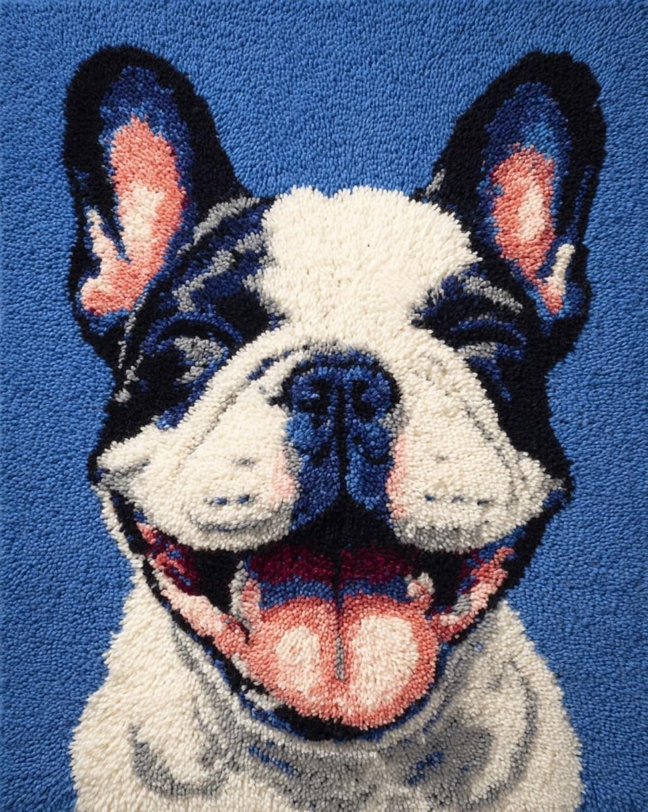 Wallphantom Latch Hook Craft Kits,Happy French Bulldog,Doormat Carpet Making Kits,Interlocking Hook Rug Gift Packing DIY for Teenager/Adults with Printed Canvas,90x120cm