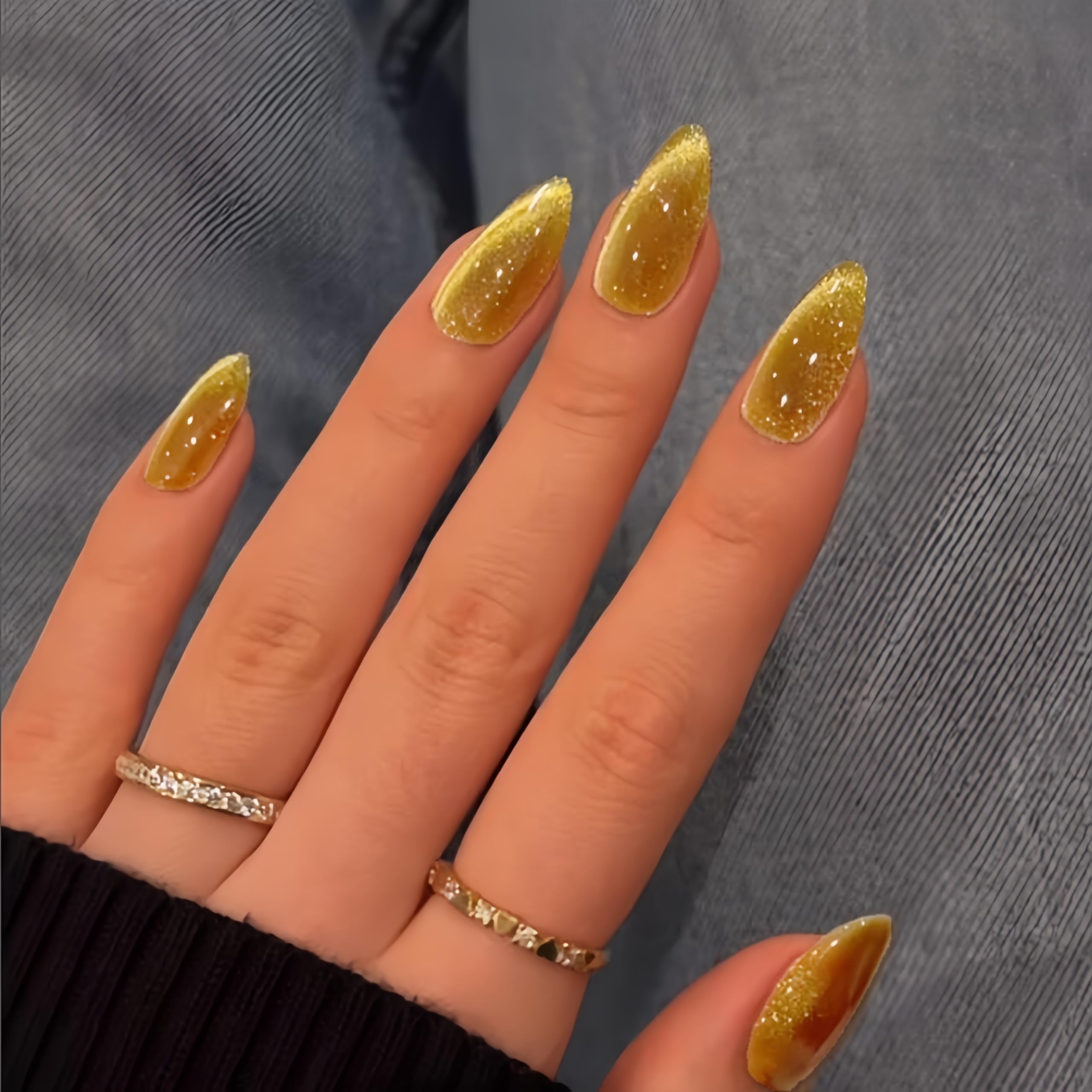 SXVME Gold Cat Eye False Nails Almond, Glitter Chrome Press on Nails Medium Almond