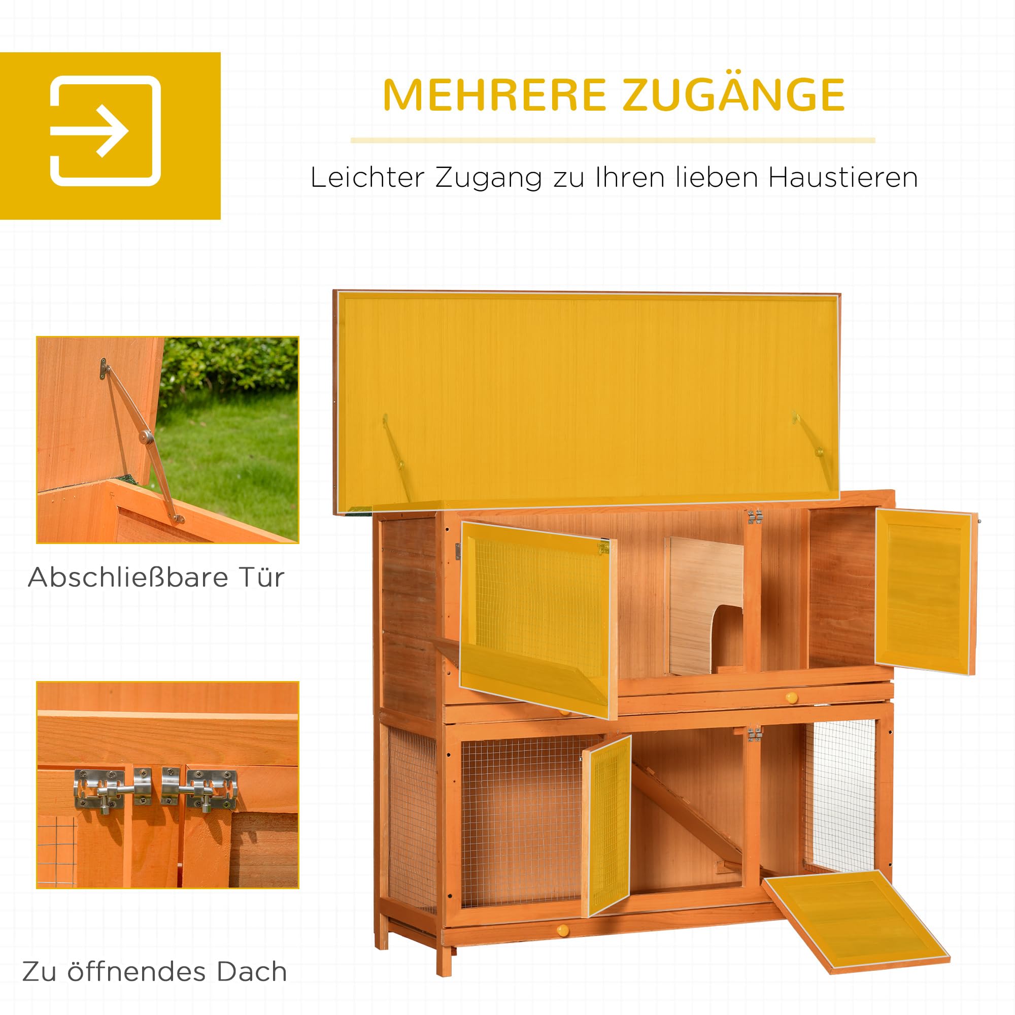 PawHut Kleintierstall mit Asphaltdach Doppelstock Gelb 120 x 48 x 100 cm | Kleintierkäfig, Kleintierhaus, Meerschweinchenstall, Nagerkäfig, Winterfest, Tannenholz