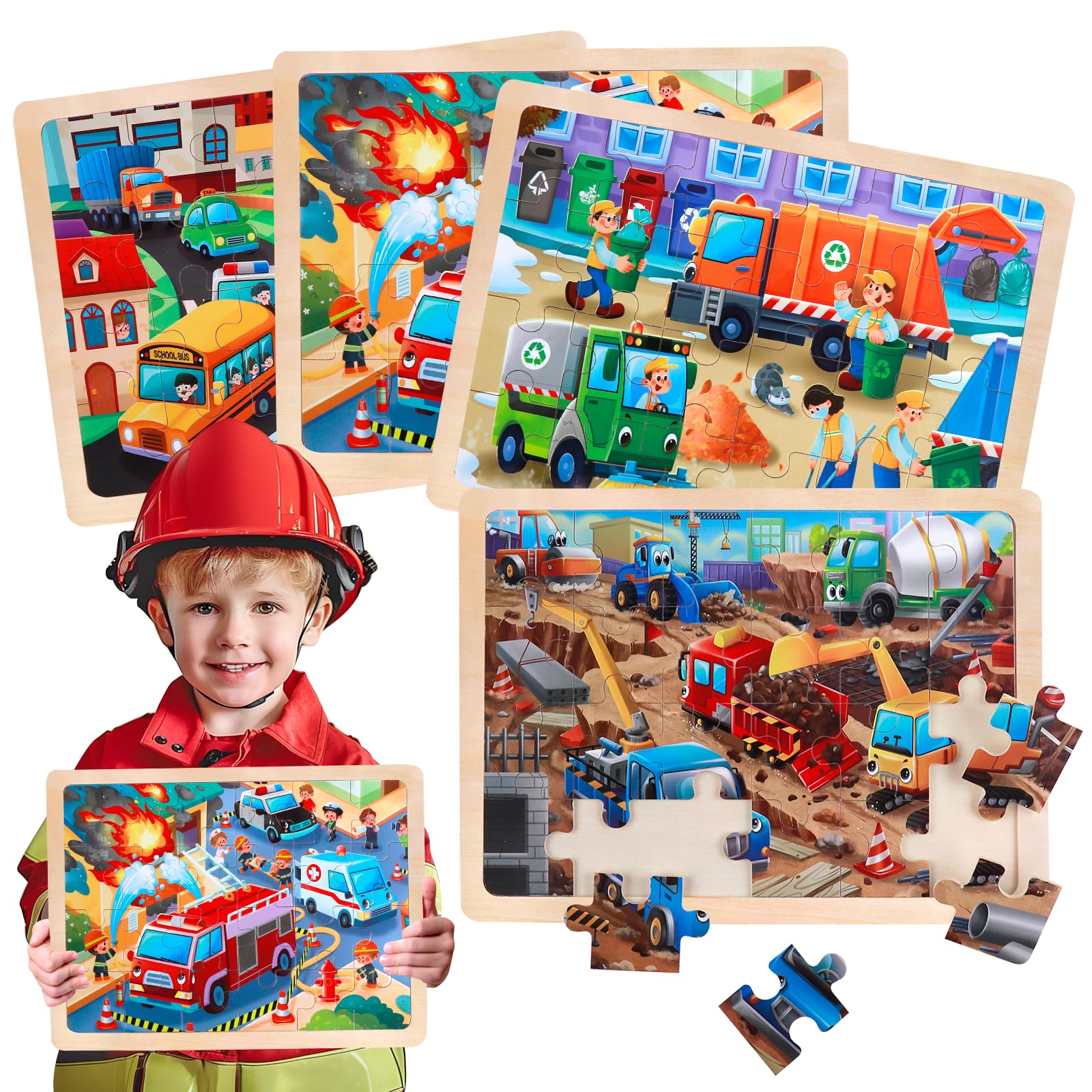 Juego de 4 Puzzle de Madera para Niños, Rompecabezas de 24 Piezas, Puzzle Juego de Coches de Juguete, Juguete Educativo para Infantiles de 3 4 5 6 años, Juguete de Regalo para Niña Niño