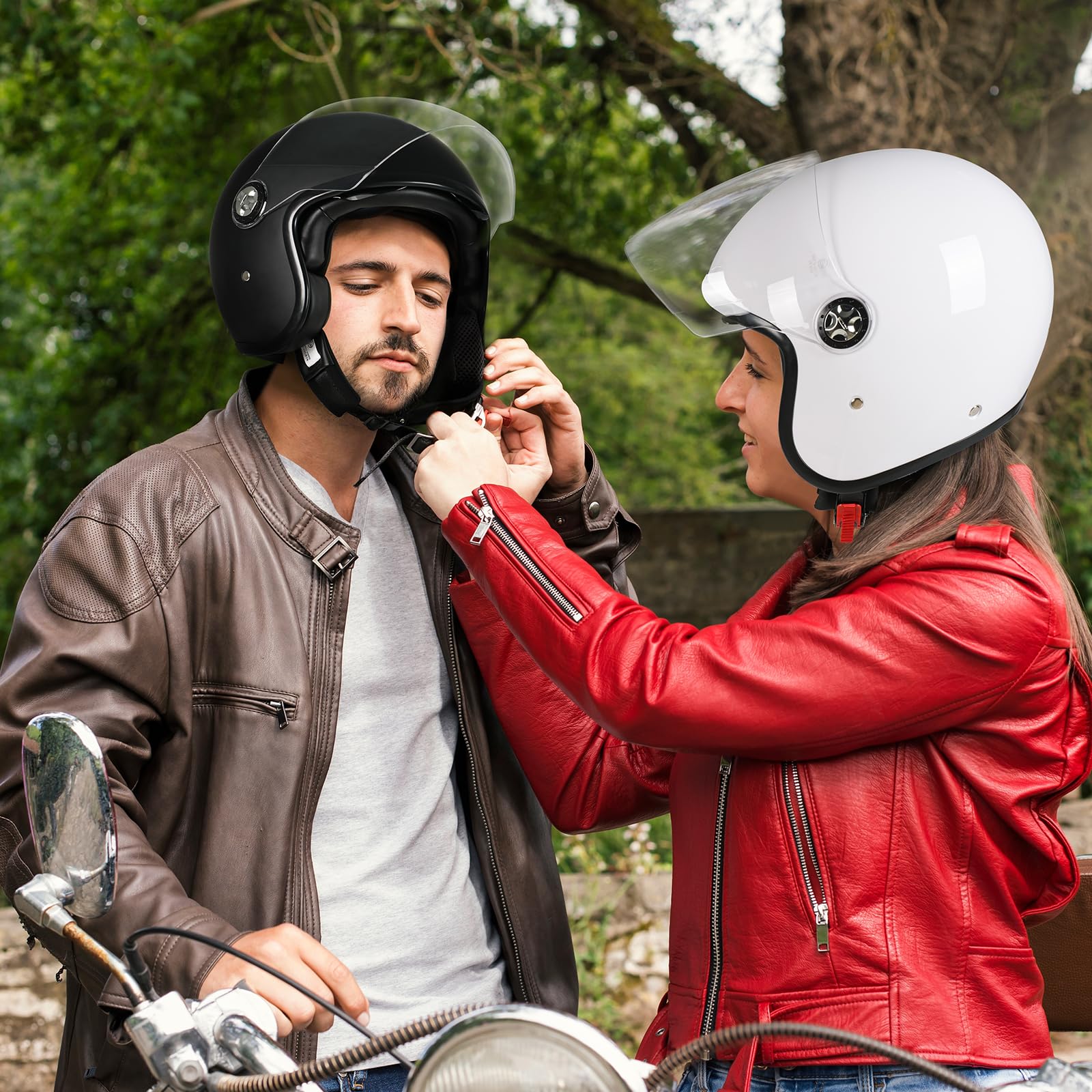 Favoto Kask motocyklowy, kask motorowerowy, dla mężczyzn, z podwójną wizjerem, osłona przeciwsłoneczna 3/4, półkask motocyklowy, dla mężczyzn i kobiet, oddychający, certyfikat ECE 22.06, L (59-60 cm