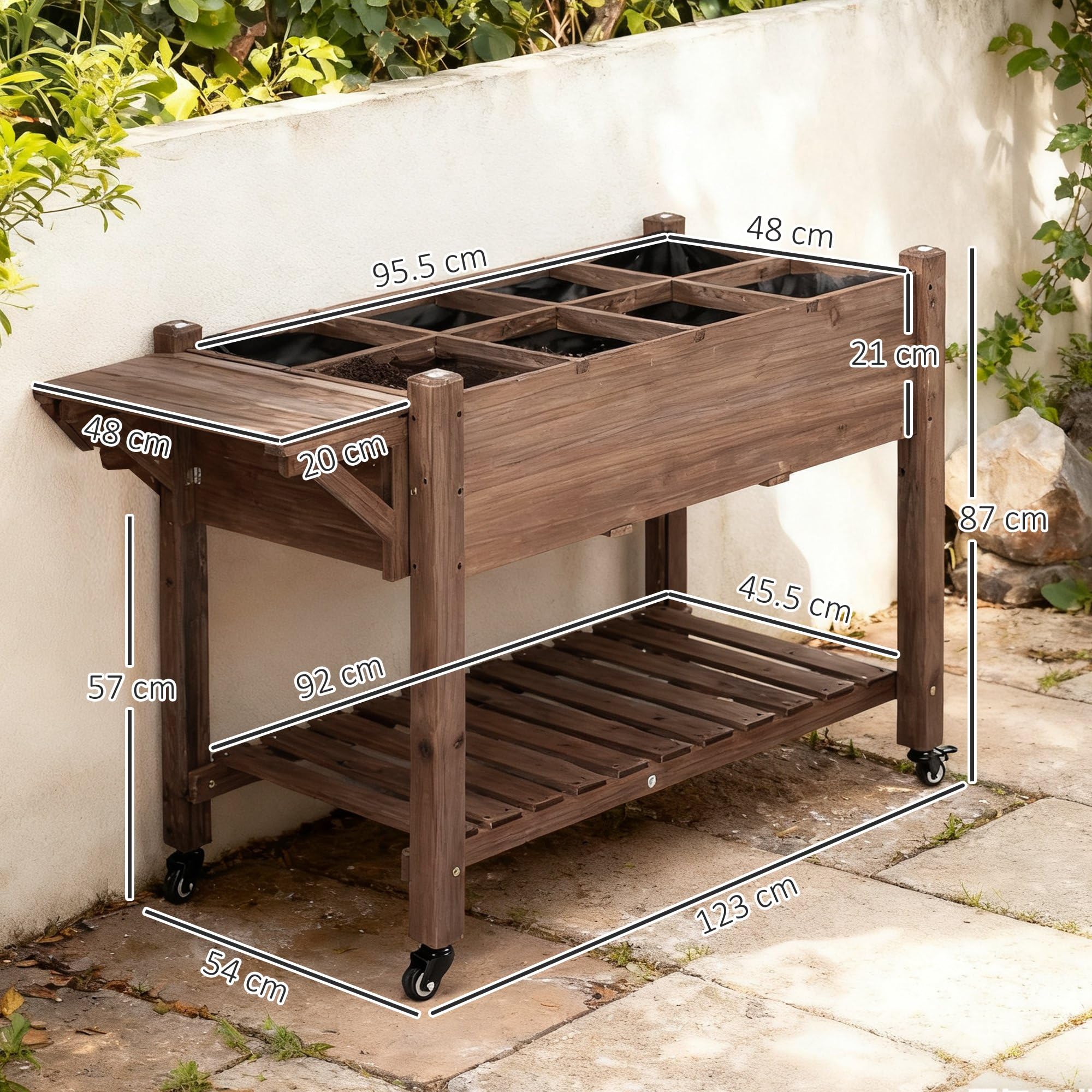 Outsunny Letto per Orto Rialzato a 8 Scomparti con Ruote, Ripiano Laterale e Mensola Inferiore a Doghe, Fioriera Rialzata da Esterno in Abete con 4 Fori di Drenaggio, 123x54x87cm, Caffè Scuro