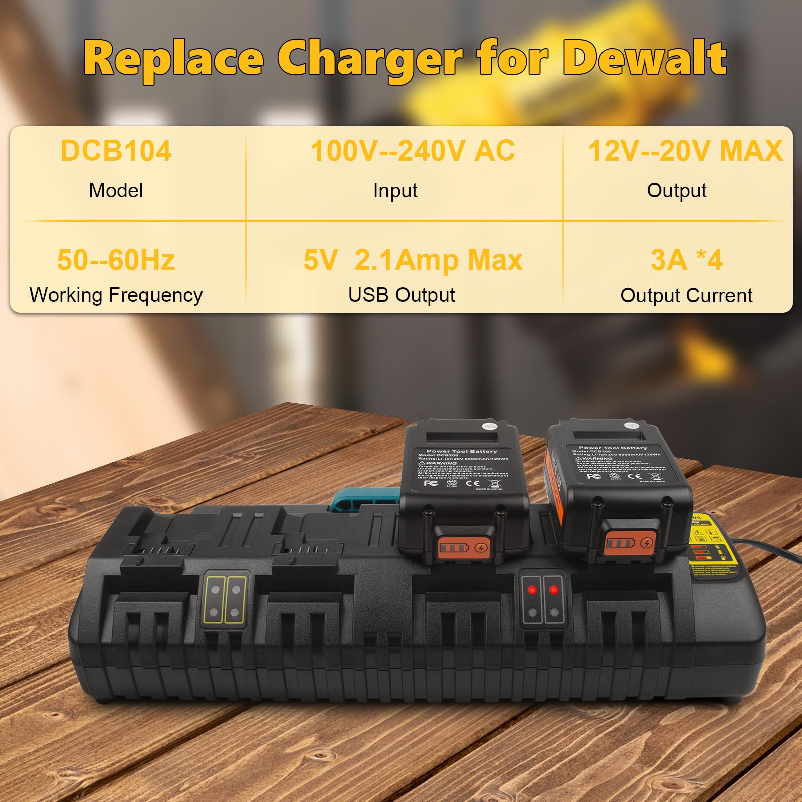 DCB104 4-portowa szybka ładowarka do akumulatora DeWalt 20V/60V Max, z portem USB kompatybilna z baterią DeWalt 20V/60V DCB206 DCB208 DCB205 DCB606 DCB609Y DCB612 i ładowarką DCB104 DCB107 DCB1155