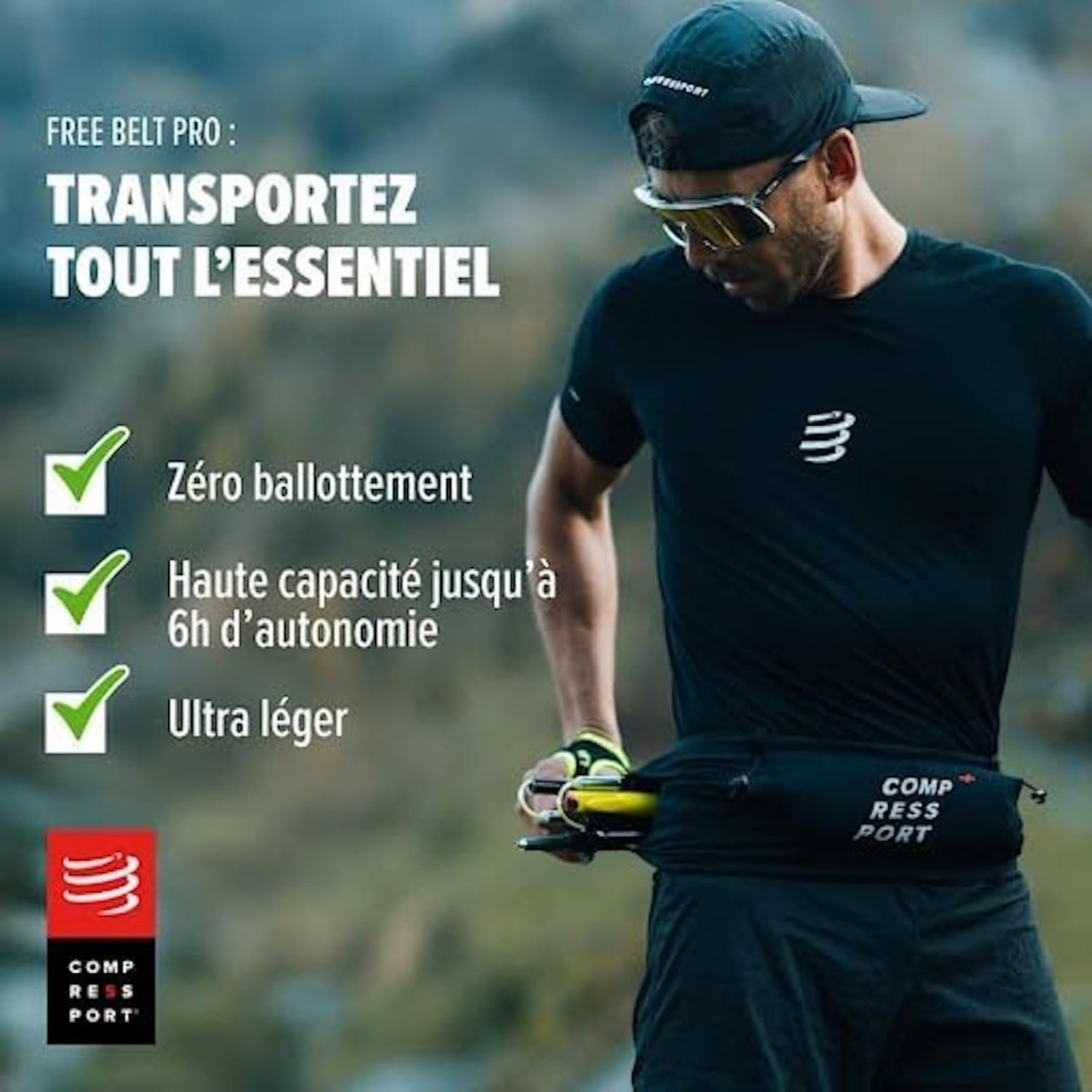 Compressport Pack Free Belt Pro M/L + Ergoflask 300ml, Kit Trail Running, Ceinture Mesh Extensible 1,2L Zéro Ballottement + Flasque Souple Sans BPA, Autonomie 6h Mains Libres,Tour de Hanches 94-110 cm