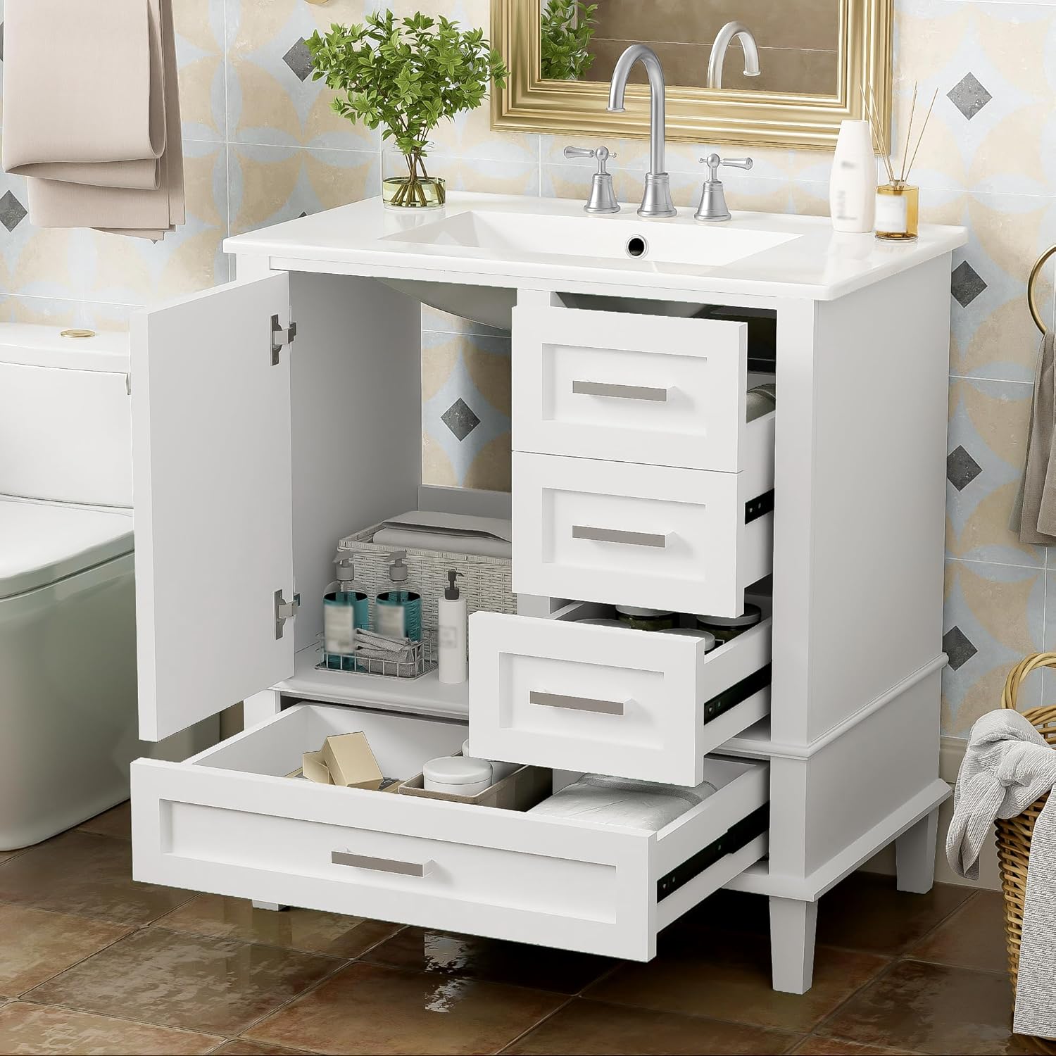 Bathroom Vanity Unit with Ceramic Sink, 30" Modern Freestanding Storage Cabinet with Drawers and Soft Closing Door, Multi-Functional Organizer with Basin, Easy Assembly, Solid Wood & MDF Board, White