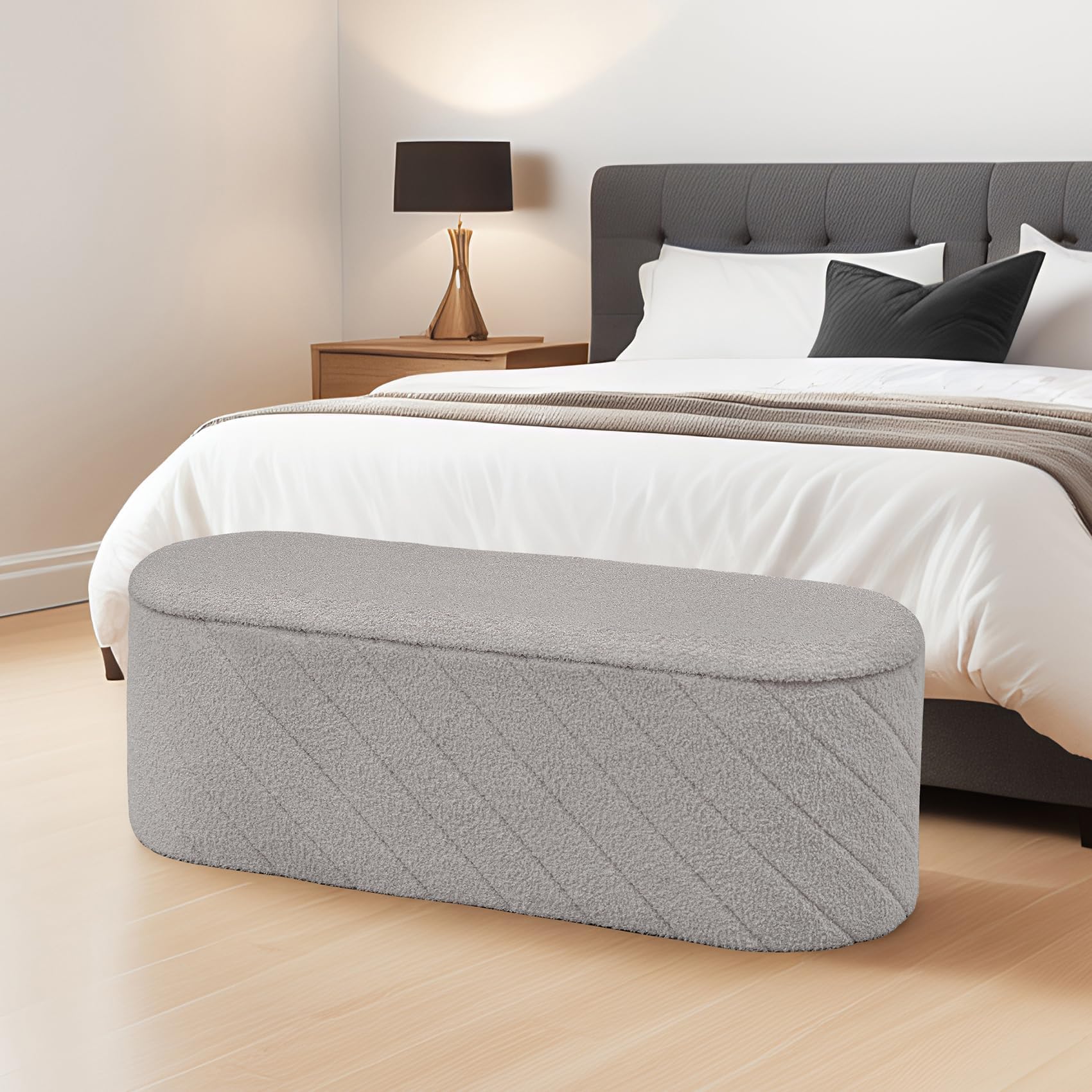 Bonlife Ovale Ottomanbank mit Stauraum, Klappbare Fußbank mit Deckel, Boucle Bank für Fußende des Bettes, Hocker für Wohnzimmer, Schlafzimmer, Eingangsbereich, Grau, 110x38x38cm