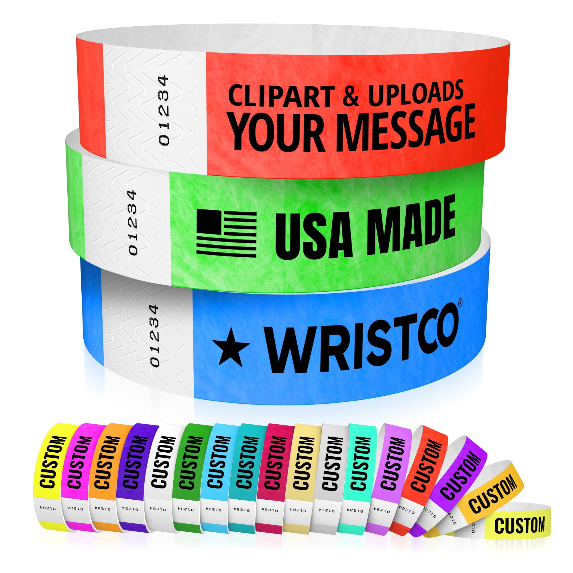 WristCo Custom Printed Wristbands – Select a Color, Quantity & Personalize w/Clipart, Text, & Logos – Tyvek Wrist Band ID Bracelets for Events Concert Party Festival Security Admission VIP