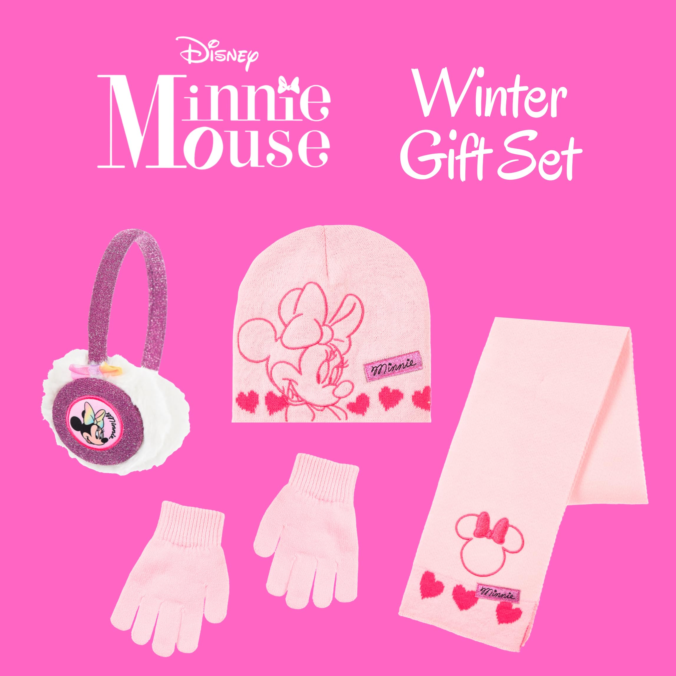 Disney Minnie Mouse Gorro Bufanda Guantes y Orejeras para Niñas, Diseño Brillante Gorro de Invierno Infantil, Regalo para Niñas