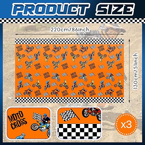 Miniatura 9 de Manteles para decoración de fiesta de cumpleaños de motocross, fundas de mesa de motocross a cuadros, fundas de mesa temáticas de motocicletas,