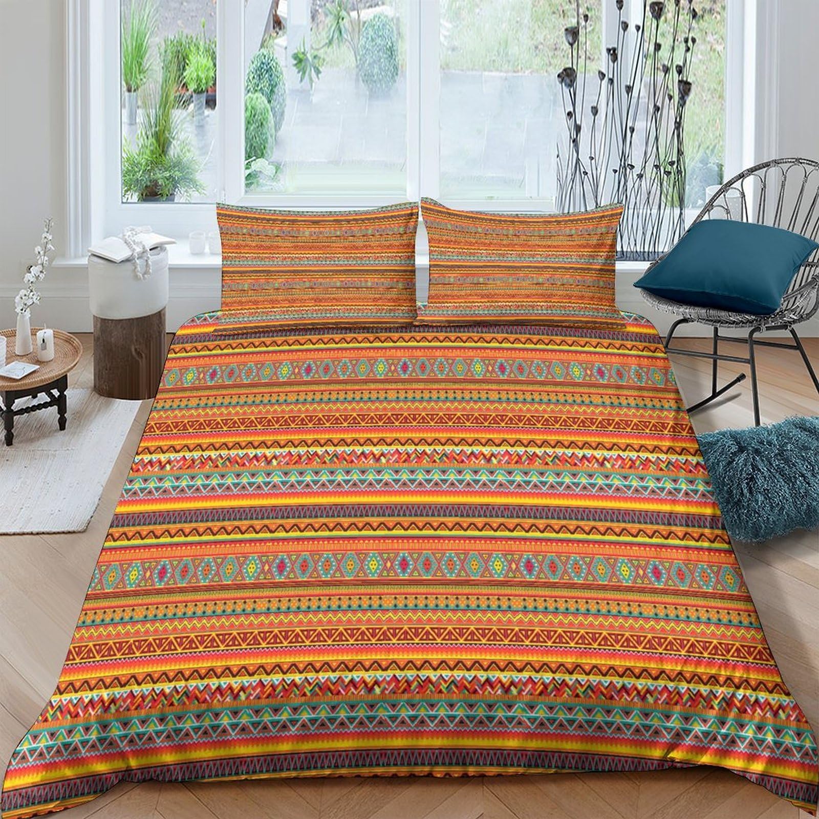 Ctjqhvkz Style-8 3D Printed Boho Aztec Stripe Fitted Sheet Microfiber Soft Orange Ethnic Mattress Cover For Bedroom Guestroom Decor Single（135X200cm）