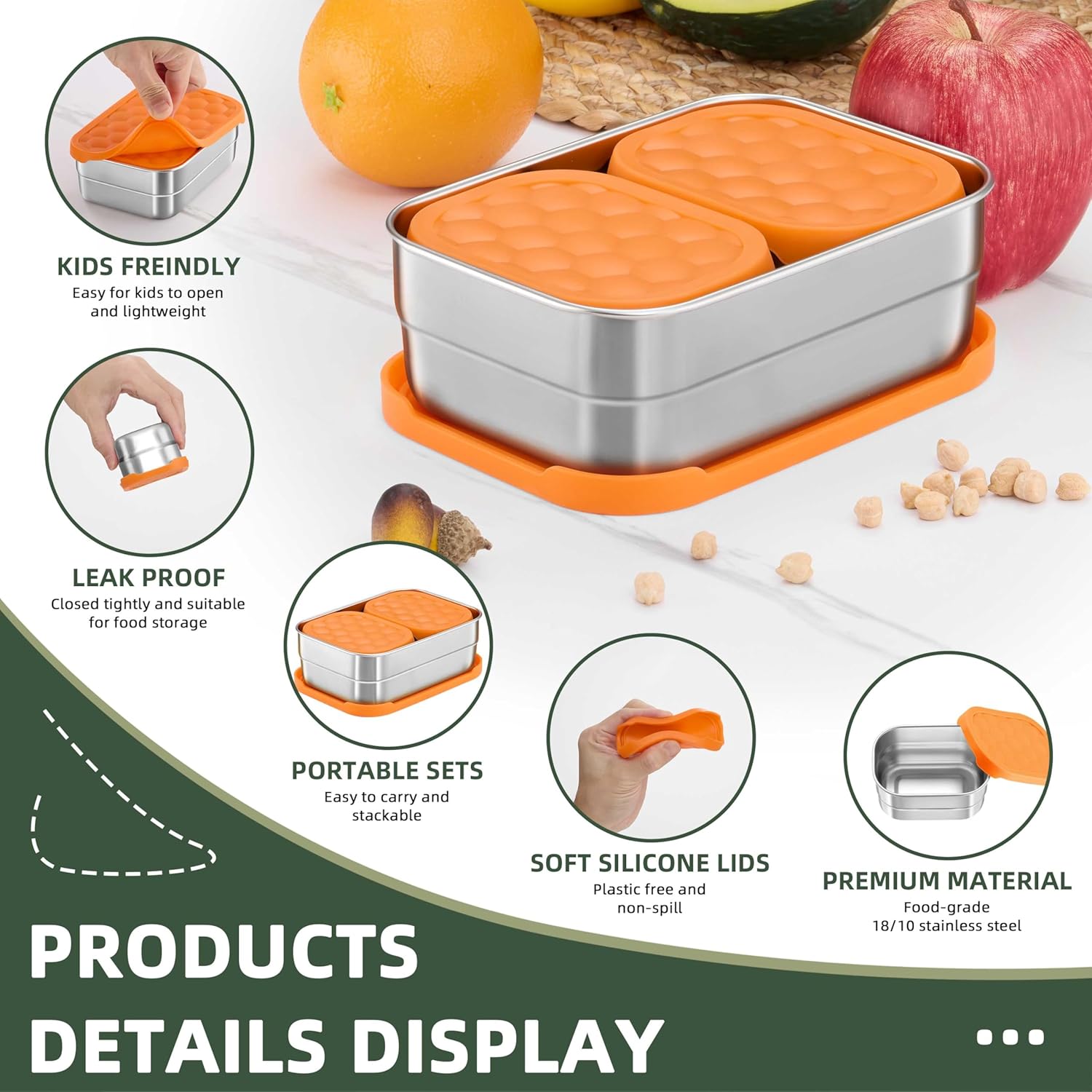 HaWare 8oz*2+25oz Stainless Steel Lunch Containers, Leak Proof Food Storage Snack Containers with Silicone Lids, Portable Sandwich Containers, Easy Open Bento Lunch Box for School Daycare - Image 3