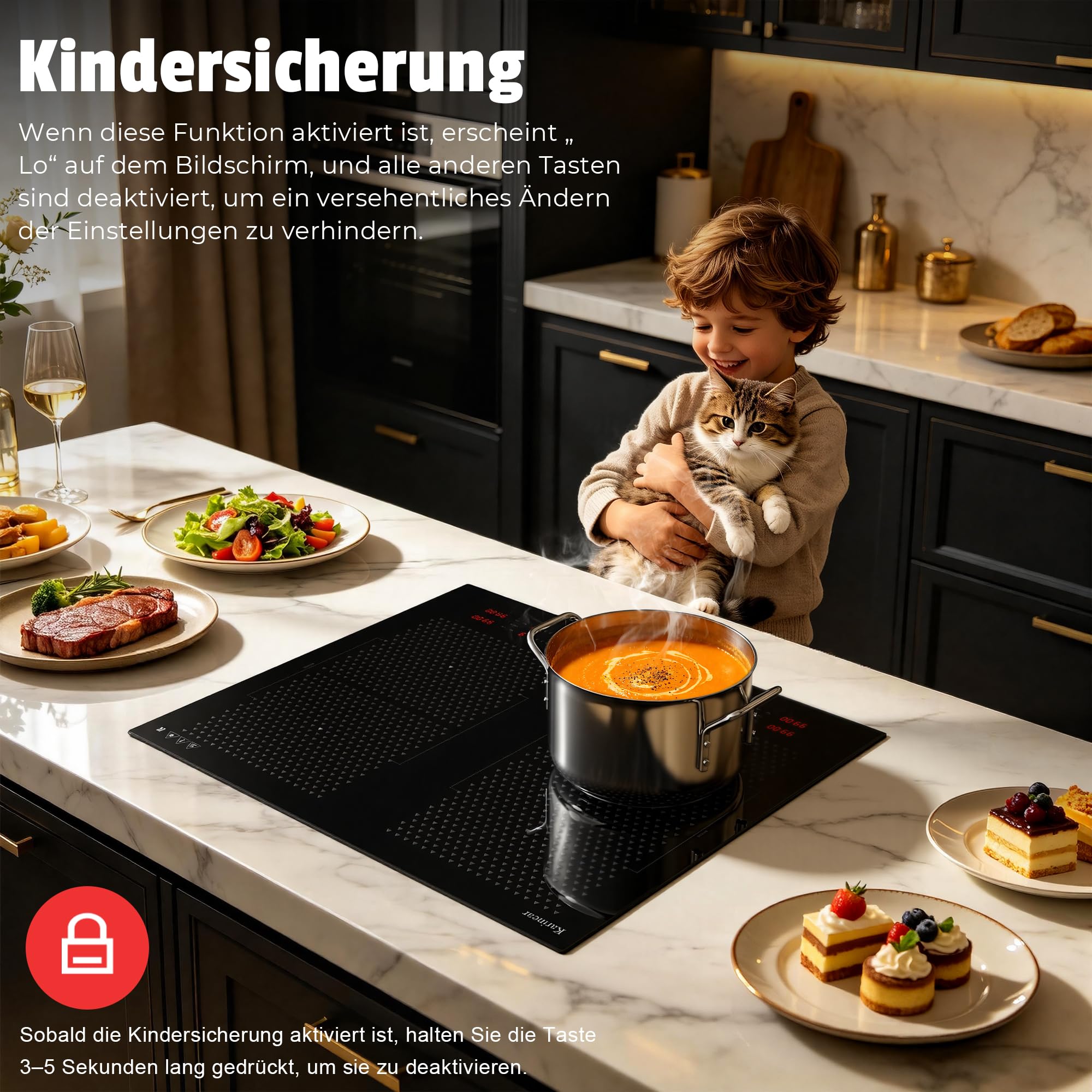 Karinear Induktionskochfeld 60 cm, 7200W Autark 4 Platten Flex Zone Boost | Einbau ohne Stecker, Touch Slider, Timer, Pause, Sicherheitsverriegelung und 9 Leistungsstufen für flexible Küche
