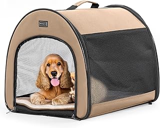 Petsfit Foldable Dog Box, Portable & Breathable Dog Box for Home with Curved Design, Room Identifier Dog Sleeping Box with Anti-Open Zip and Plush Cushion, M, Khaki product image