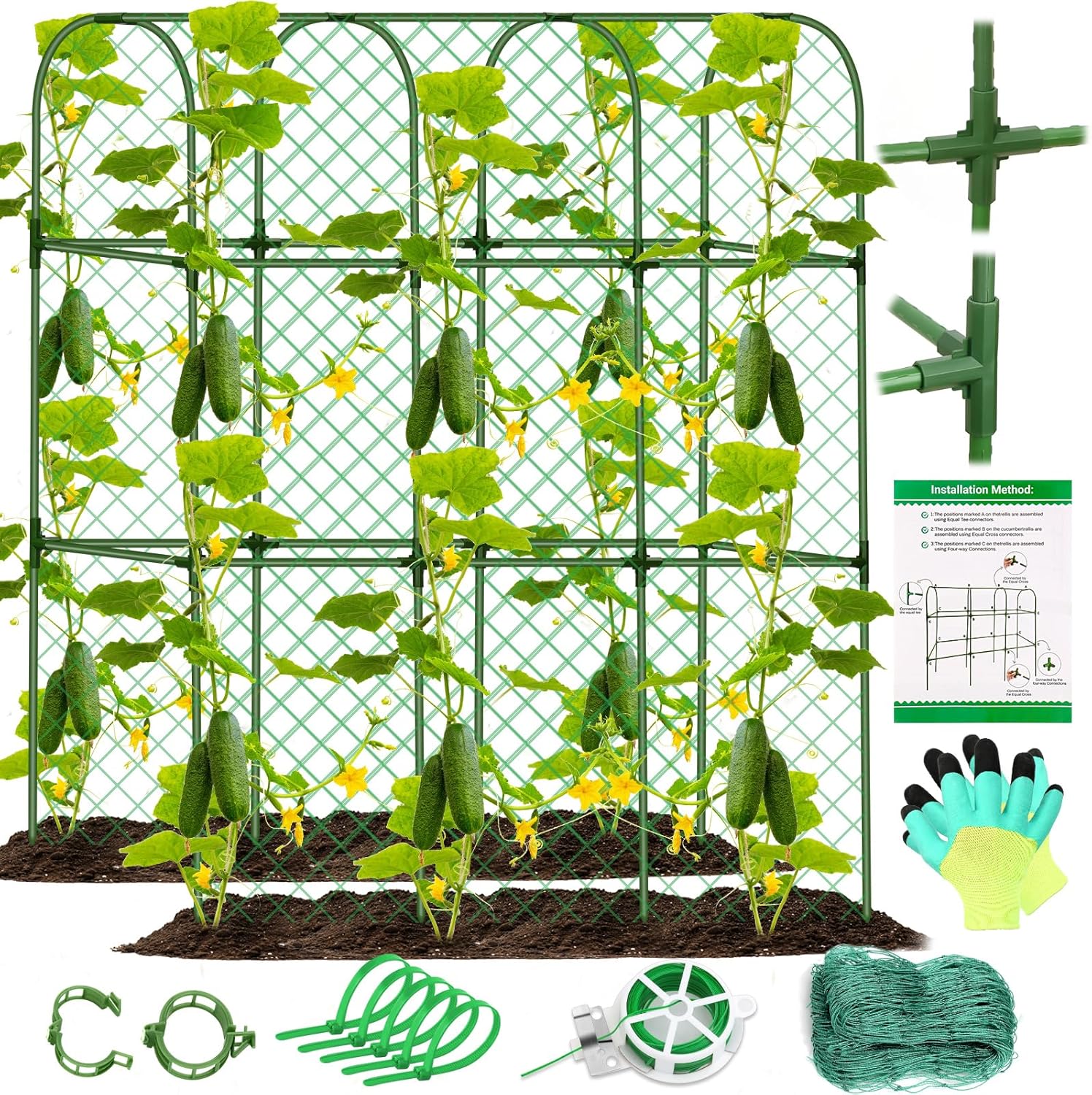 Cucumber Trellis for Garden, Upgrade U-Shaped Metal Garden Trellis Plant Grow Support Frame for Climbing Plants Vegetable Flower Fruits Vine Raised Bed with Netting, Instruction, Garden Tools, Green