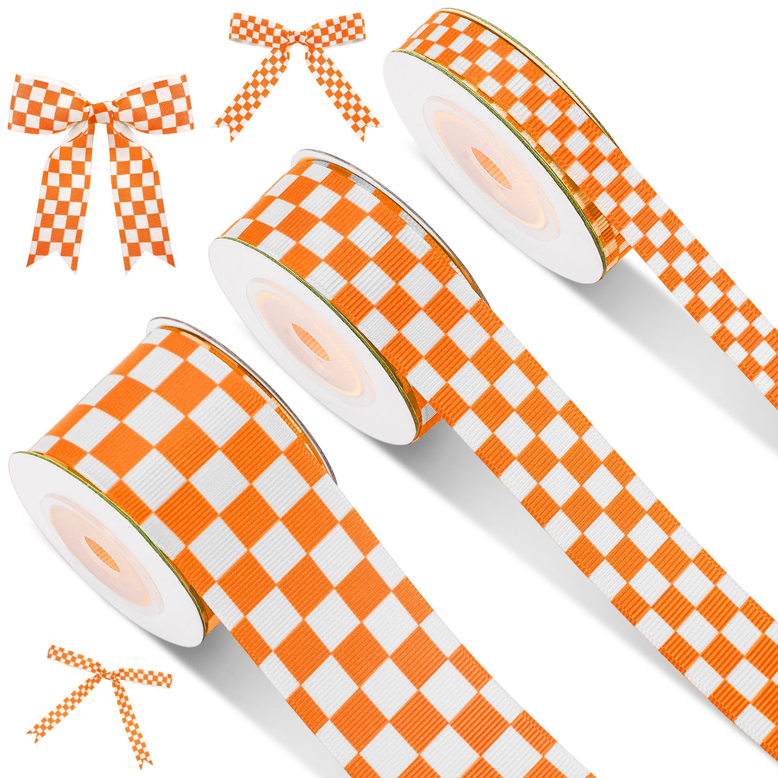 Photo 1 of Cunno 3 Rolls Christmas Checkered Ribbon Grosgrain Printed Ribbon Racing Car Theme Printed Checkered Plaid Buffalo for DIY Crafts Wreath Party, 0.4, 0.87, 1.5 Inch Wide, 15 Yard(Orange White)