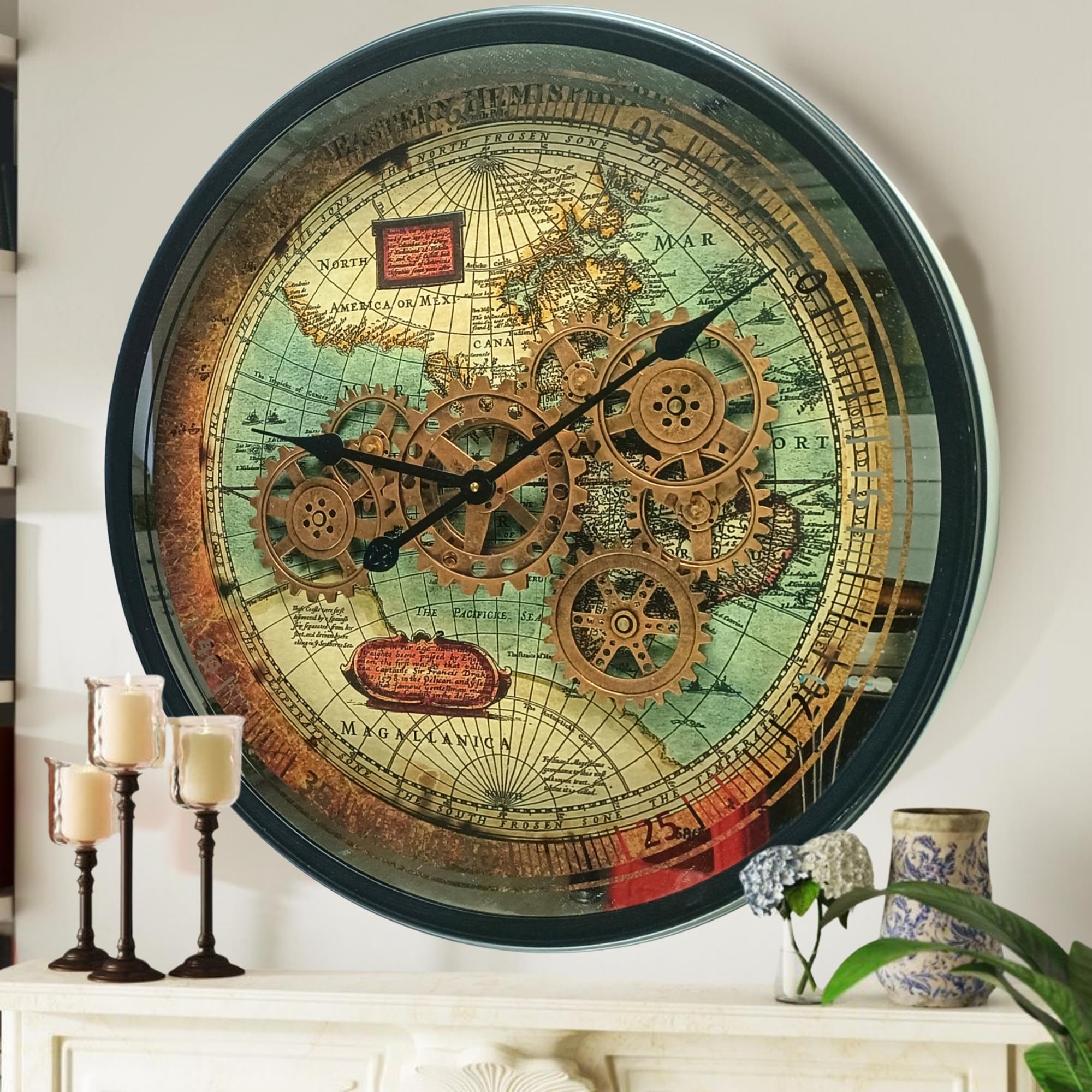 THE GEARS CLOCK 24'' Inch Round Real Moving Gear Wall Clock Portugal Line (Black Antique, 24 inches (60 cm))