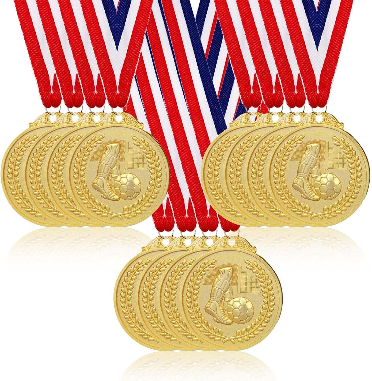 Medallas doradas de fútbol para niños, 5 cm, con cinta para el cuello roja, blanca y azul, paquete de 12