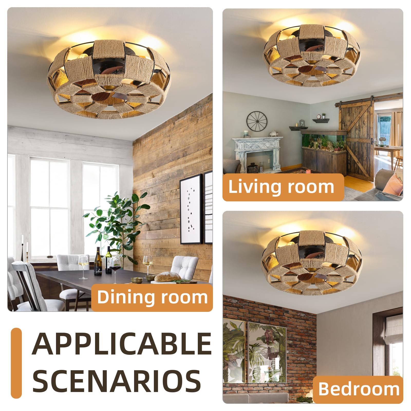 WDENI 20 Inch Boho Ceiling Fan With Lights - Remote Control, Bamboo Rattan Design, Flush Mount, 6 Speed Reversible - View #7