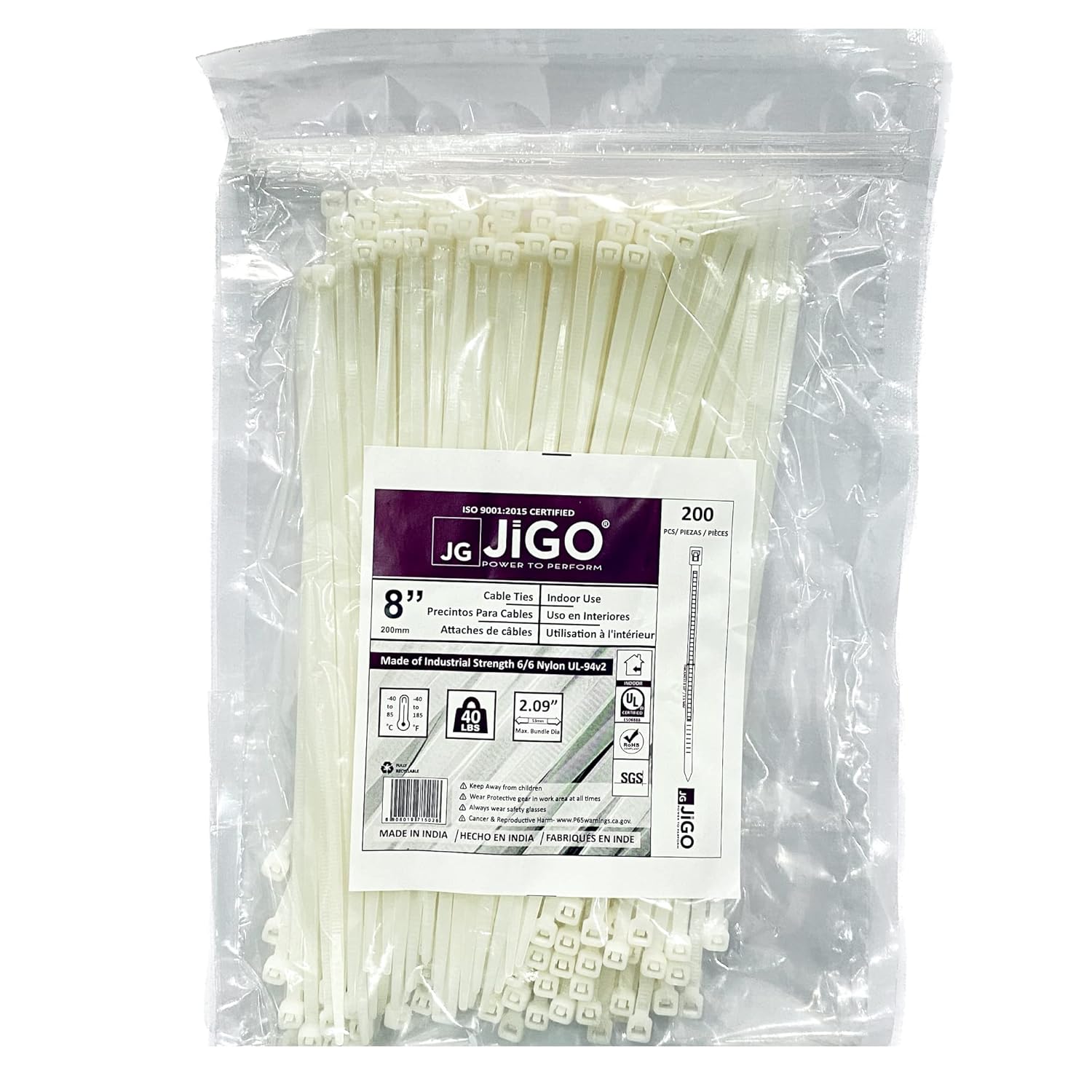 JiGO 200pcs Cable Zip Ties 8 Inch, Premium Plastic Wire Ties with 40