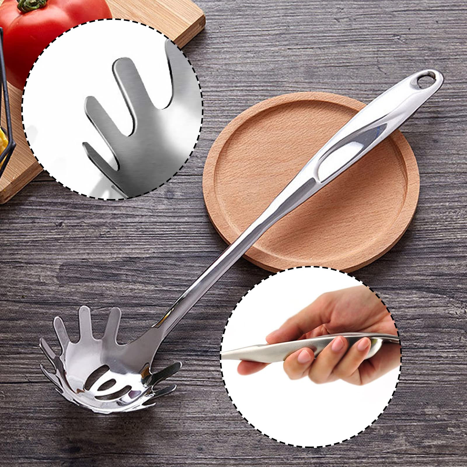 JOYOLA Set De 2 Ustensiles à Spaghettis En Acier Inoxydable - Pince Et Cuillère à Pâtes - Long Manche Anti-Brûlure