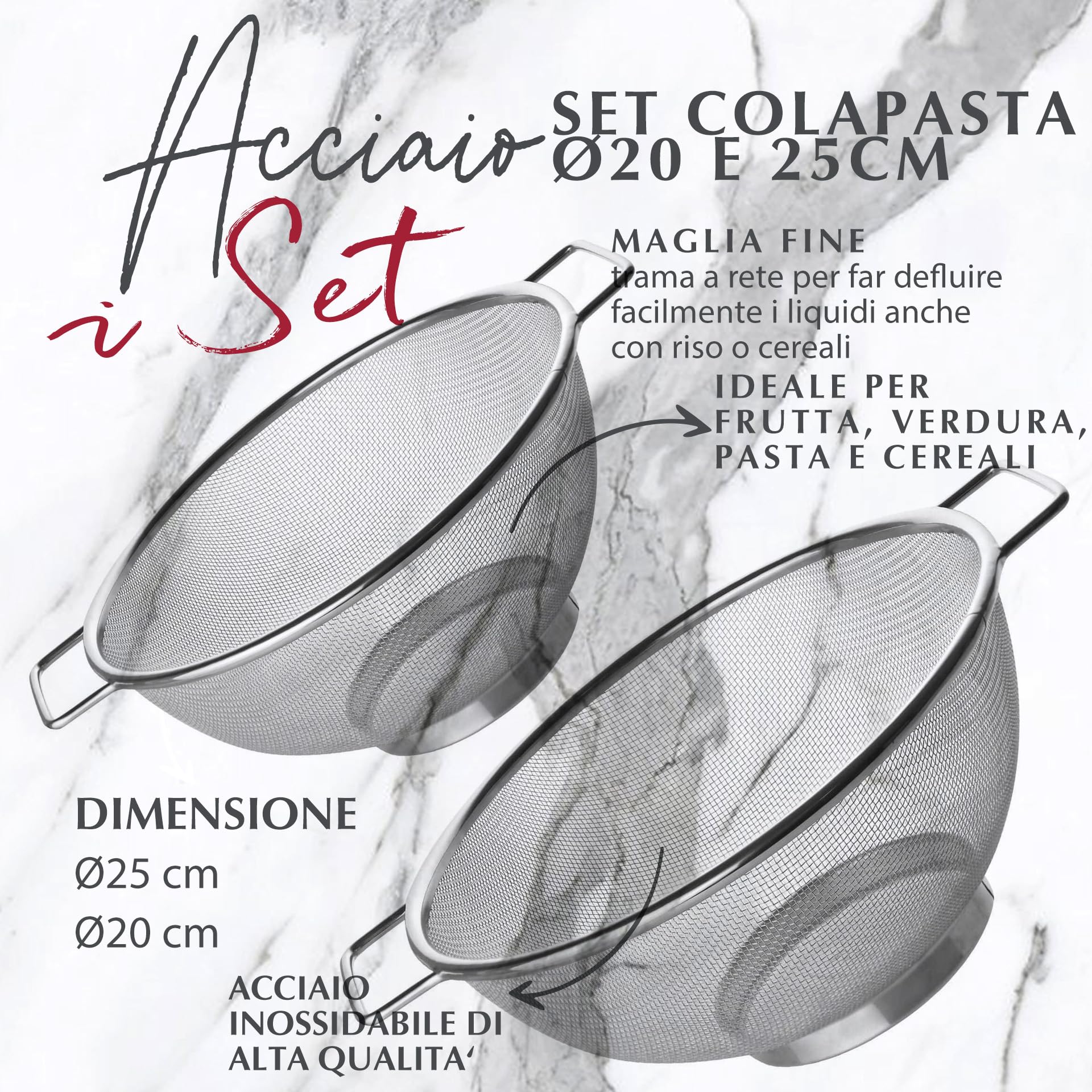 Fackelmann Set Scolapasta 20 e 26 cm, Colapasta In Acciaio Inossidabile - Rete Fine Per Drenaggio Rapido - Per Quinoa, Cereali, Riso, Frutta, Verdura E Pasta - Lavabili in lavastoviglie