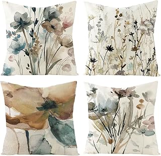 VEEKAY Flowers Pillowcase 45 * 45 Sets Of 4,Fashion Wild Flowers Leaves Geometric Pattern Spring Pillowcase, Decorative Pillow Linen Pillowcase, Floral Watercolor Painting Pillow Case, for Sofa Bedroom