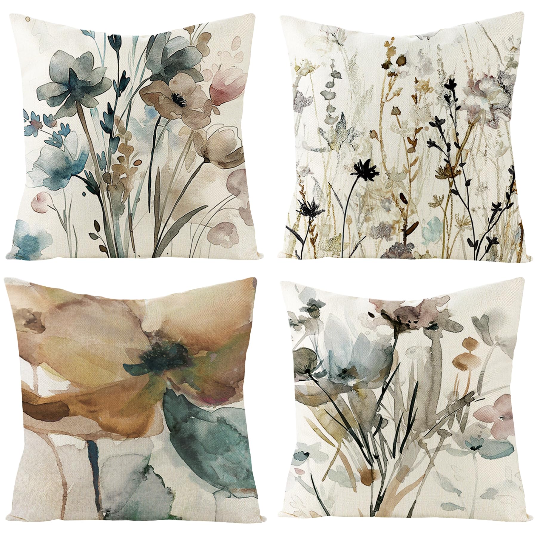 VEEKAY Set of 4 Cushion Covers, 45 x 45 cm, Decorative Chinese Ink Painting for Sofa, Modern Sofa Cushions with Watercolor Floral Painting, for Sofa, Living Room, Decoration