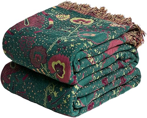 Miniatura 45 de MSGKV - Manta bohemia para sofá con hojas de algodón 50 x 60 pulgadas, mantas para sofá, silla, muselina transpirable, ligera, mantas de estilo