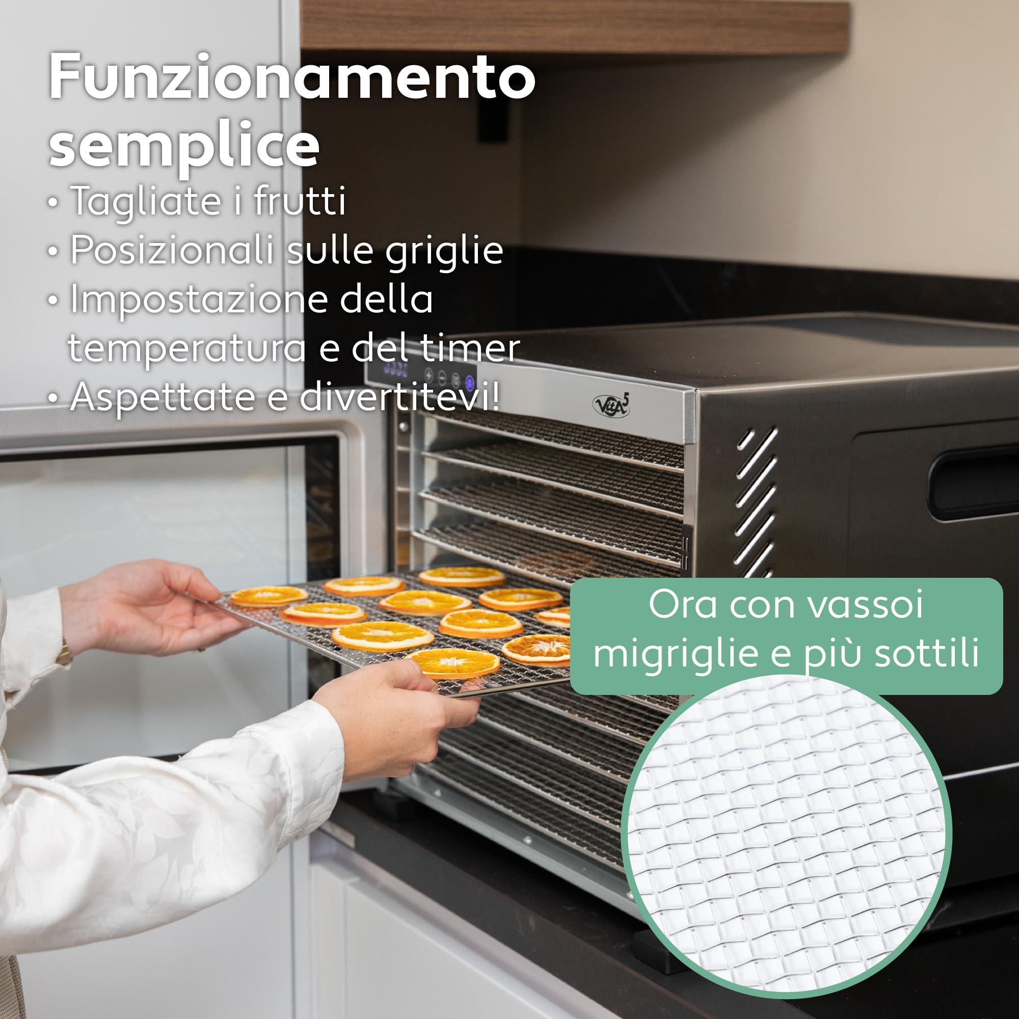 Vita5 Essiccatore Alimentare con 6 Vassoi in Acciaio Inox - Essicatore Frutta e Verdura 24 Ore Timer - Disidratatore Alimenti Temperatura Regolabile 35-75°C - 650W Essiccatore da Casa in Inox