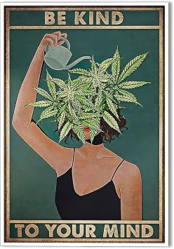 Anslipswar Vintage Be Kind To Your Mind Poster Mental Health Quote Canvas Wall Art Cool Girl Poster Unique Green Plant Print Painting Retro Home Wall Decor Picture for Women Bedroom 12x16in Unframed