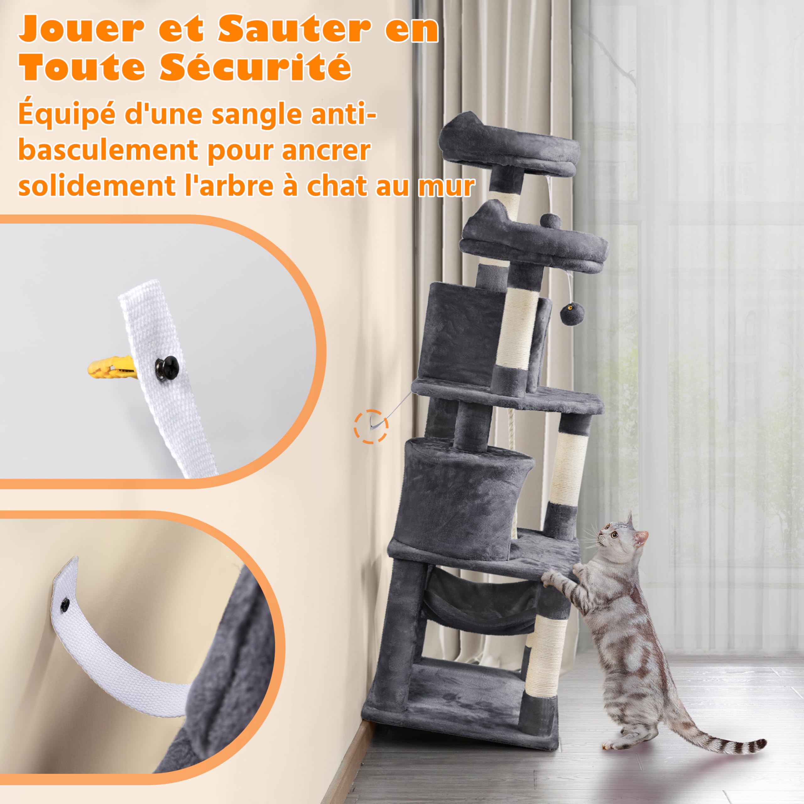 Yaheetech Arbre à Chat 158 cm, Tour de Jeux pour Chat, avec 5 Poteaux à Griffer/2 Niches/2 Plate-Formes/1 Hamac Gris Foncé